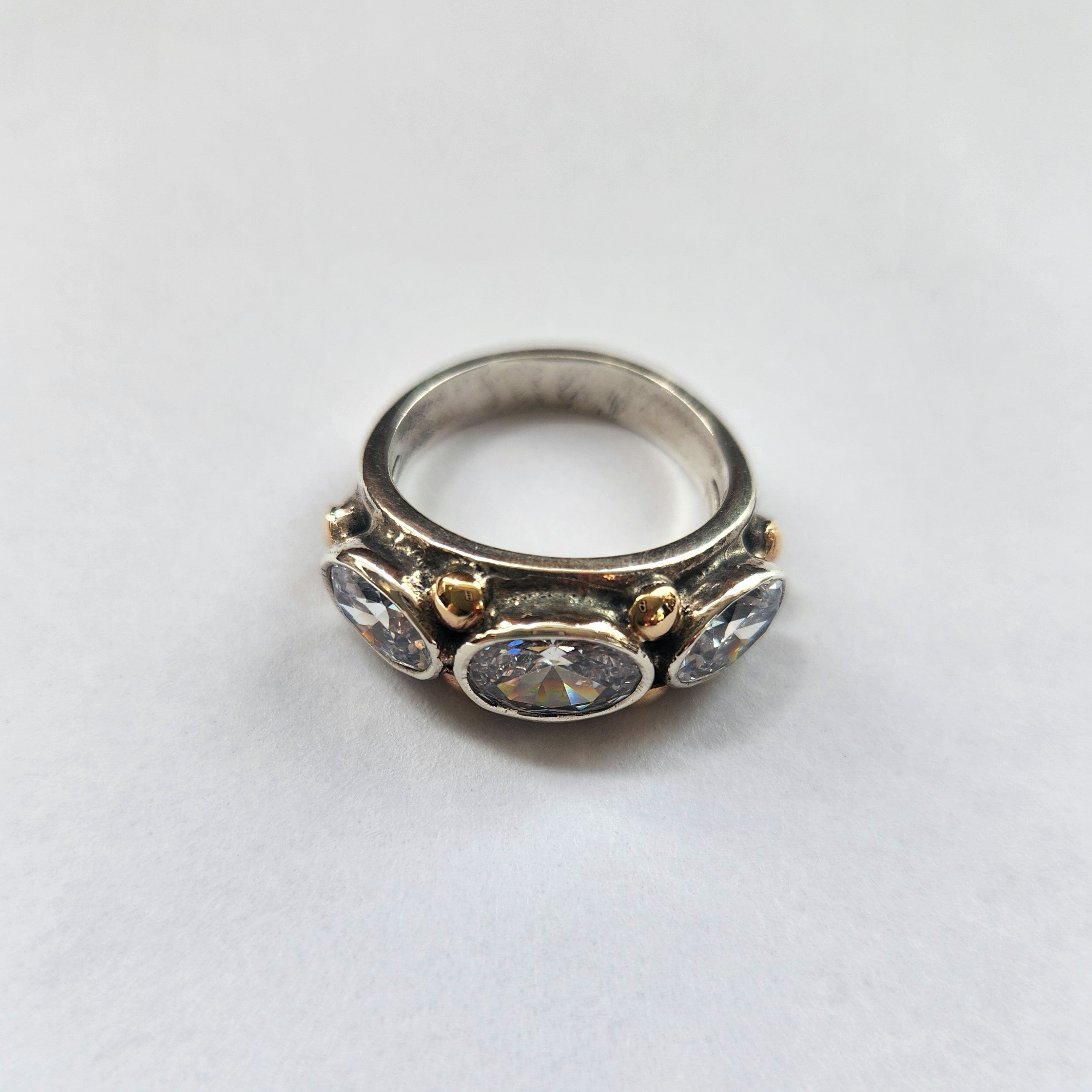 "Adelina" East-West Set Zirconia, 9ct Gold and sterling silver ring