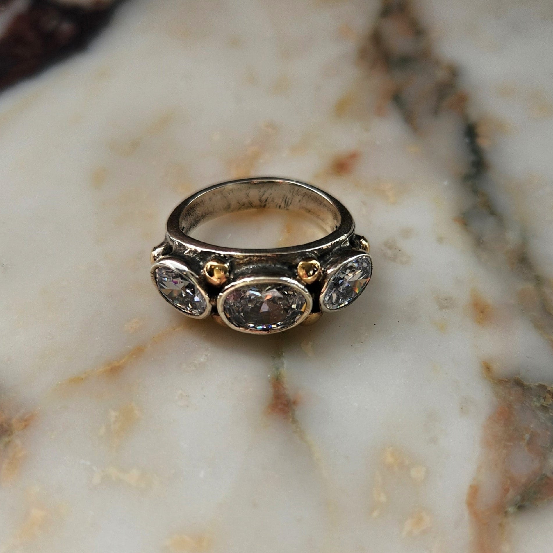 "Adelina" East-West Set Zirconia, 9ct Gold and sterling silver ring