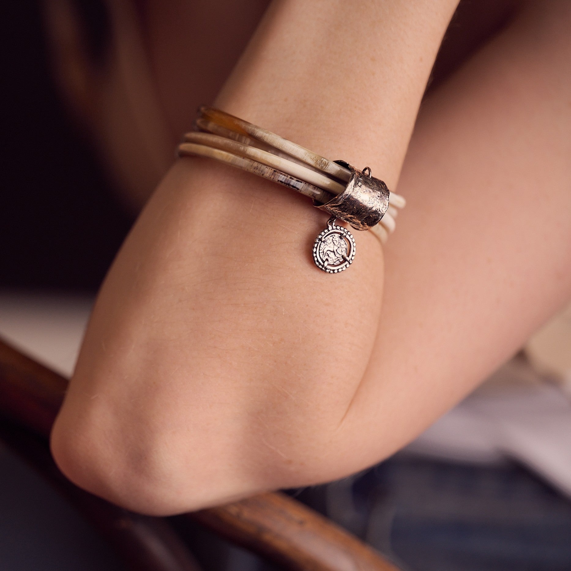 Buffalo Bangle Cluster of Four with Silver plated coin.