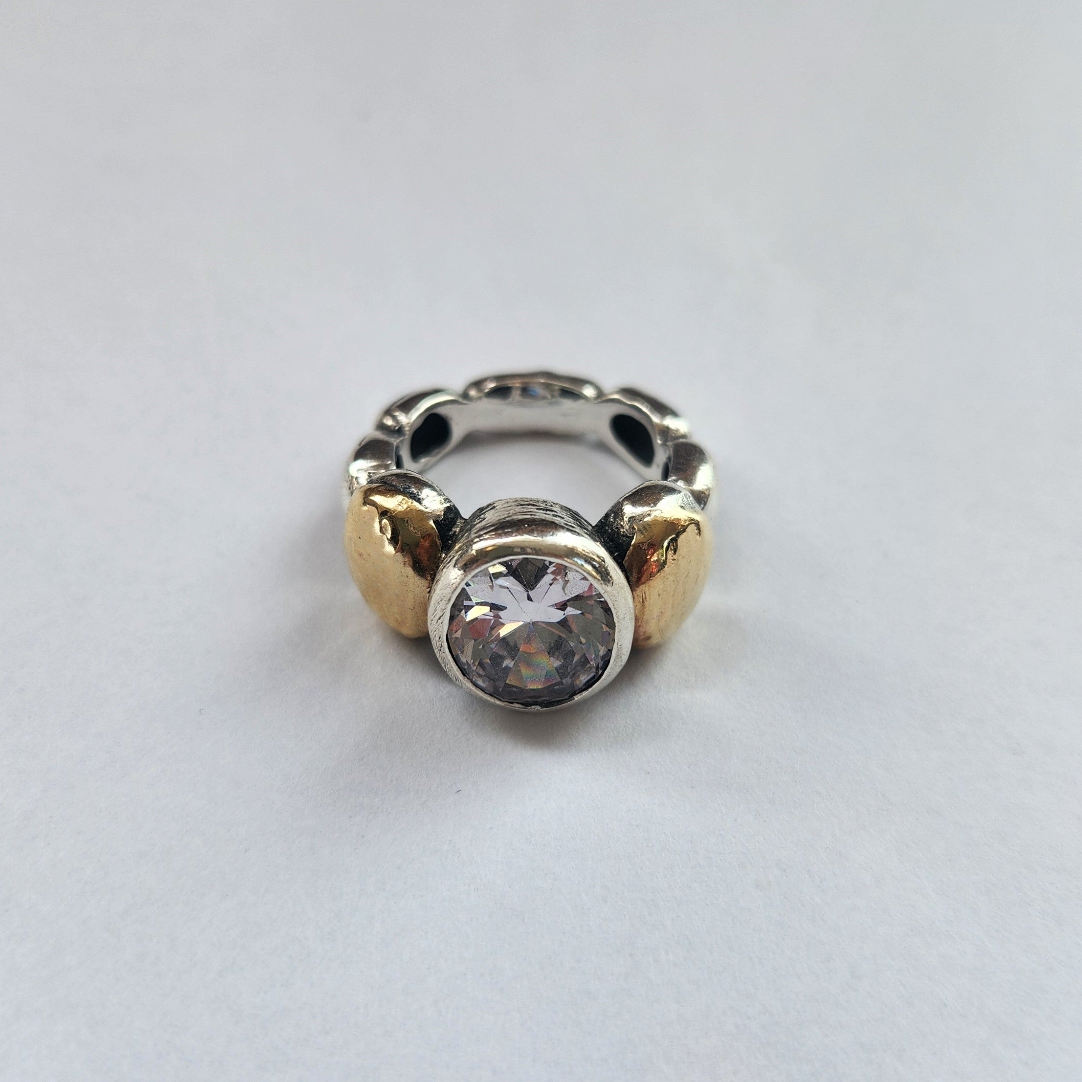 "Celeste" Sterling Silver Ring with Centre Zirconia and 9ct gold layered Pepita Flanks