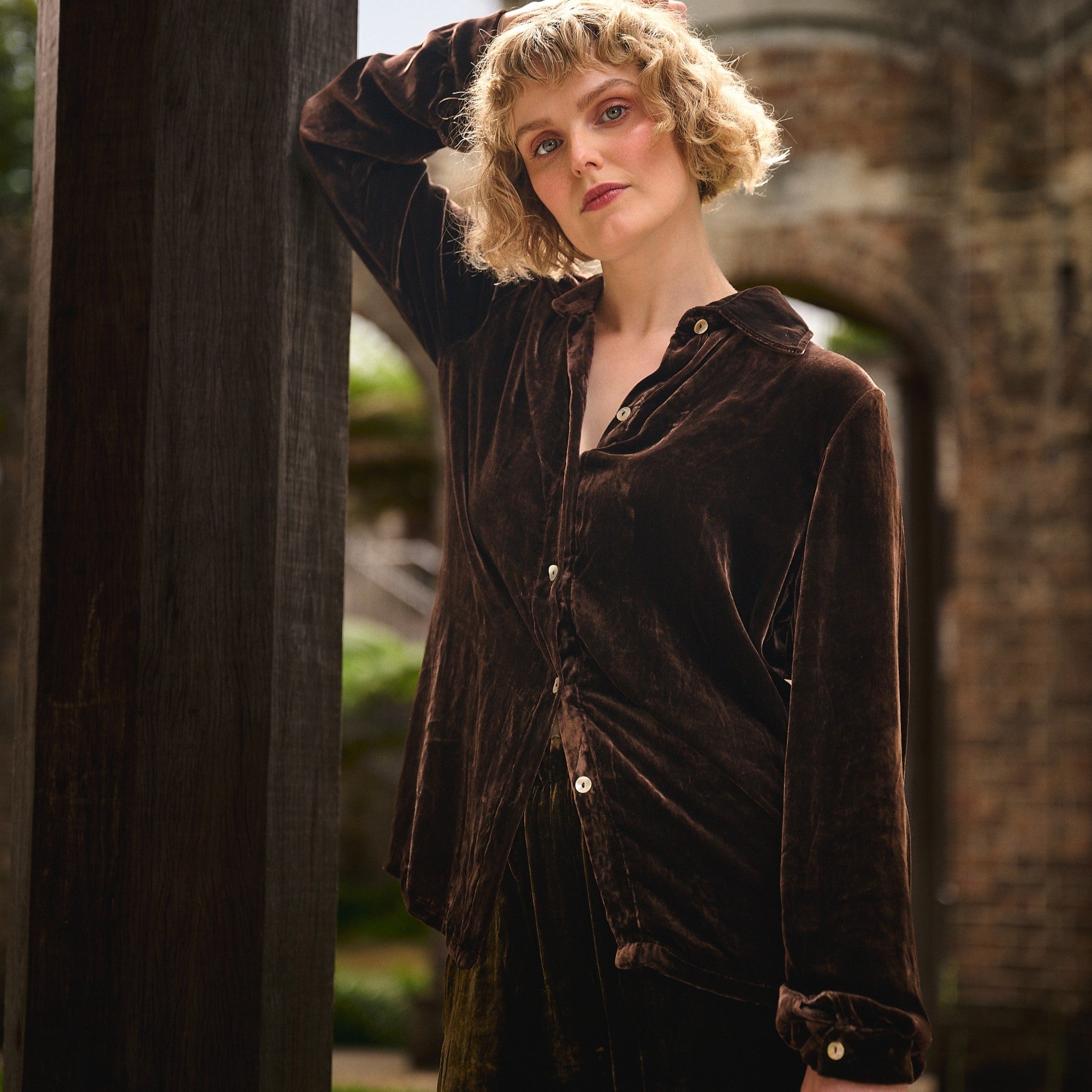 chocolate brown silk velvet shirt om model