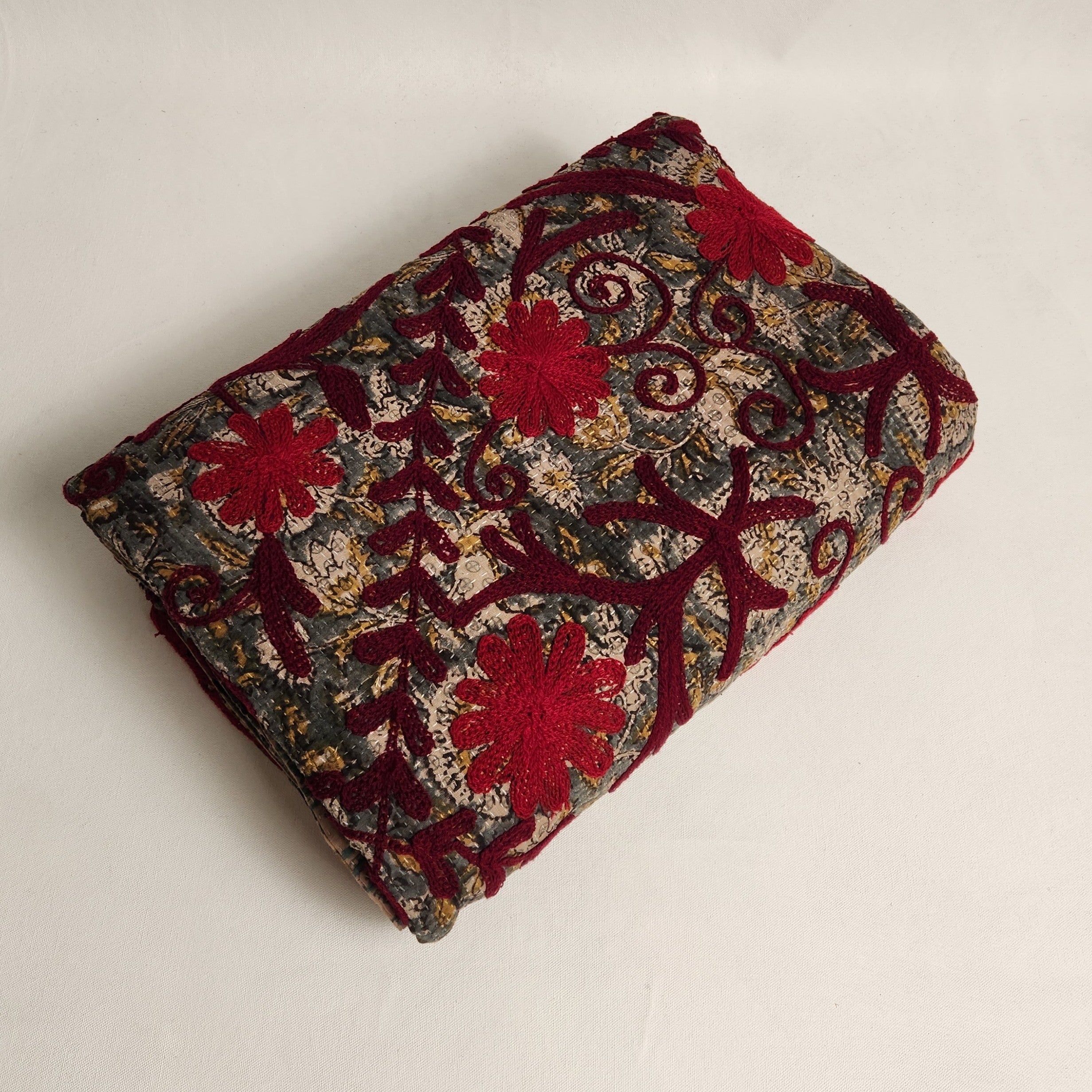 Vintage Suzani Kantha Throw - Red, Burgundy on Mid Blue