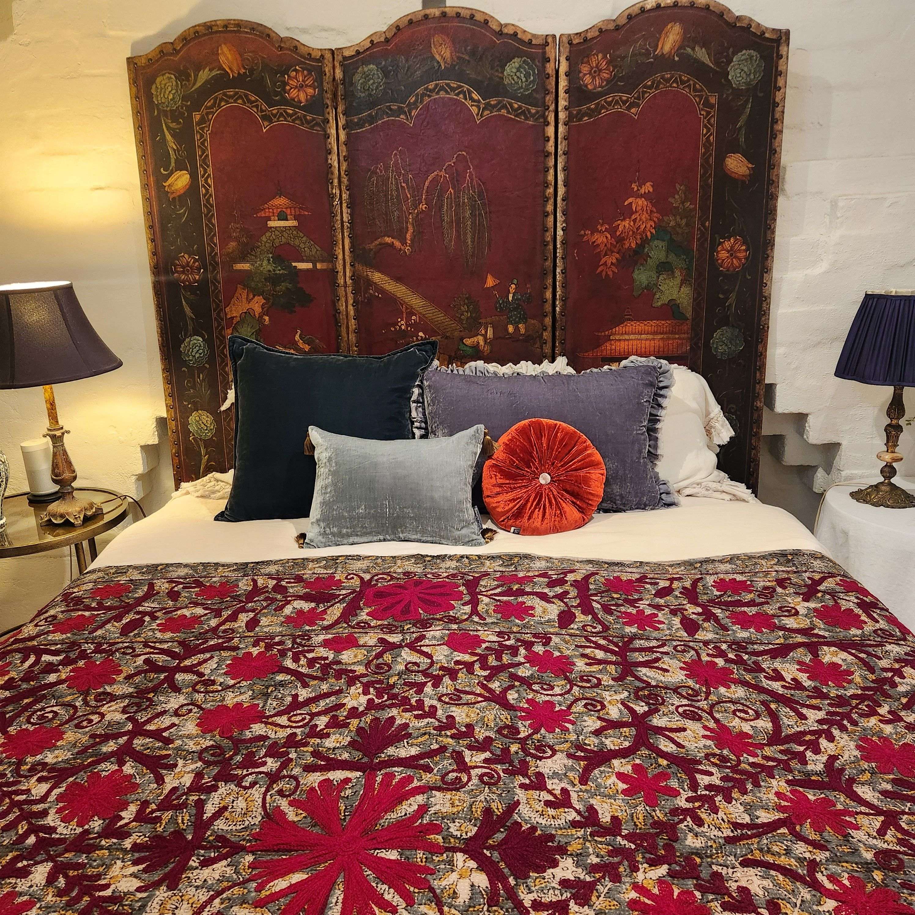 Vintage Suzani Kantha Throw - Red, Burgundy on Mid Blue