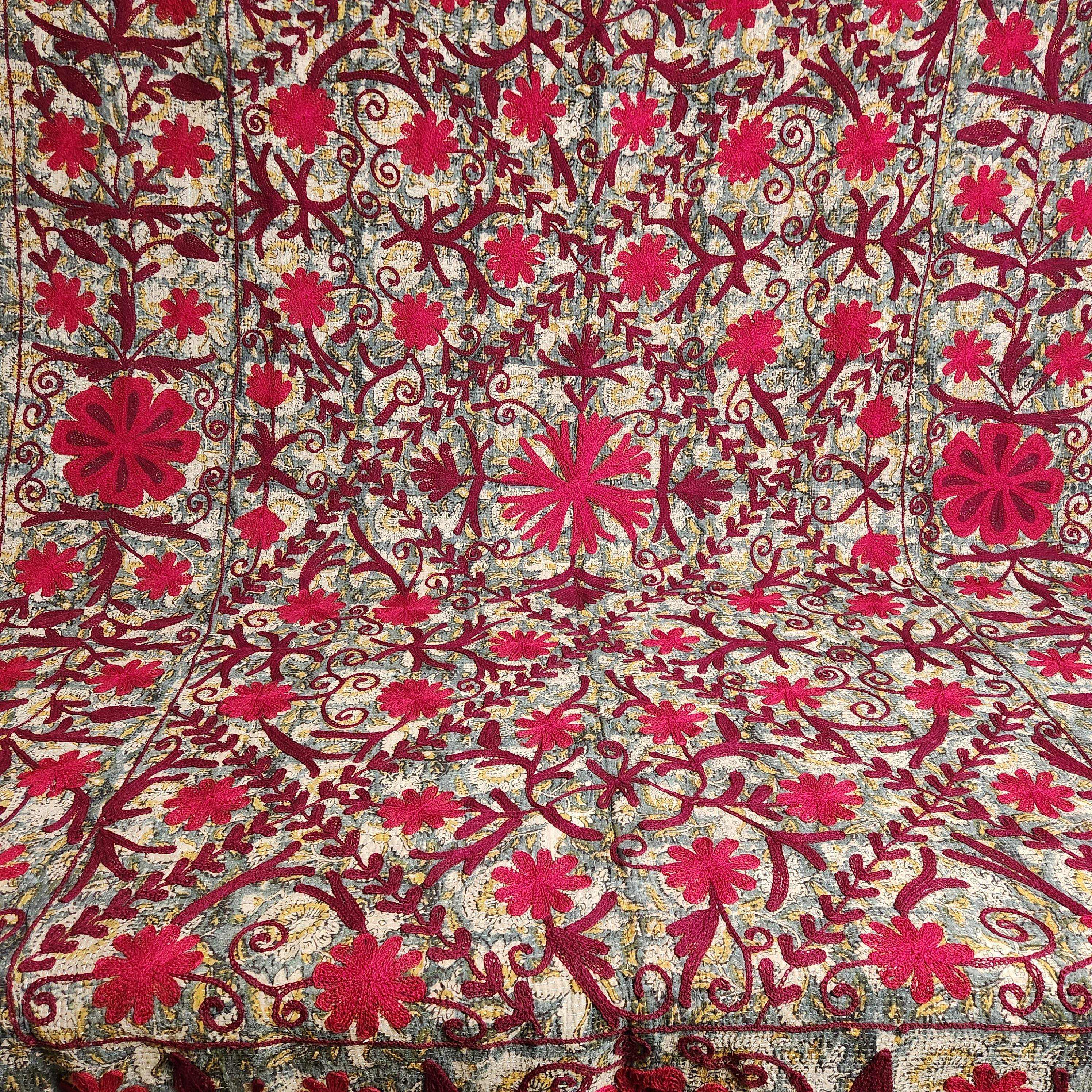 Vintage Suzani Kantha Throw - Red, Burgundy on Mid Blue