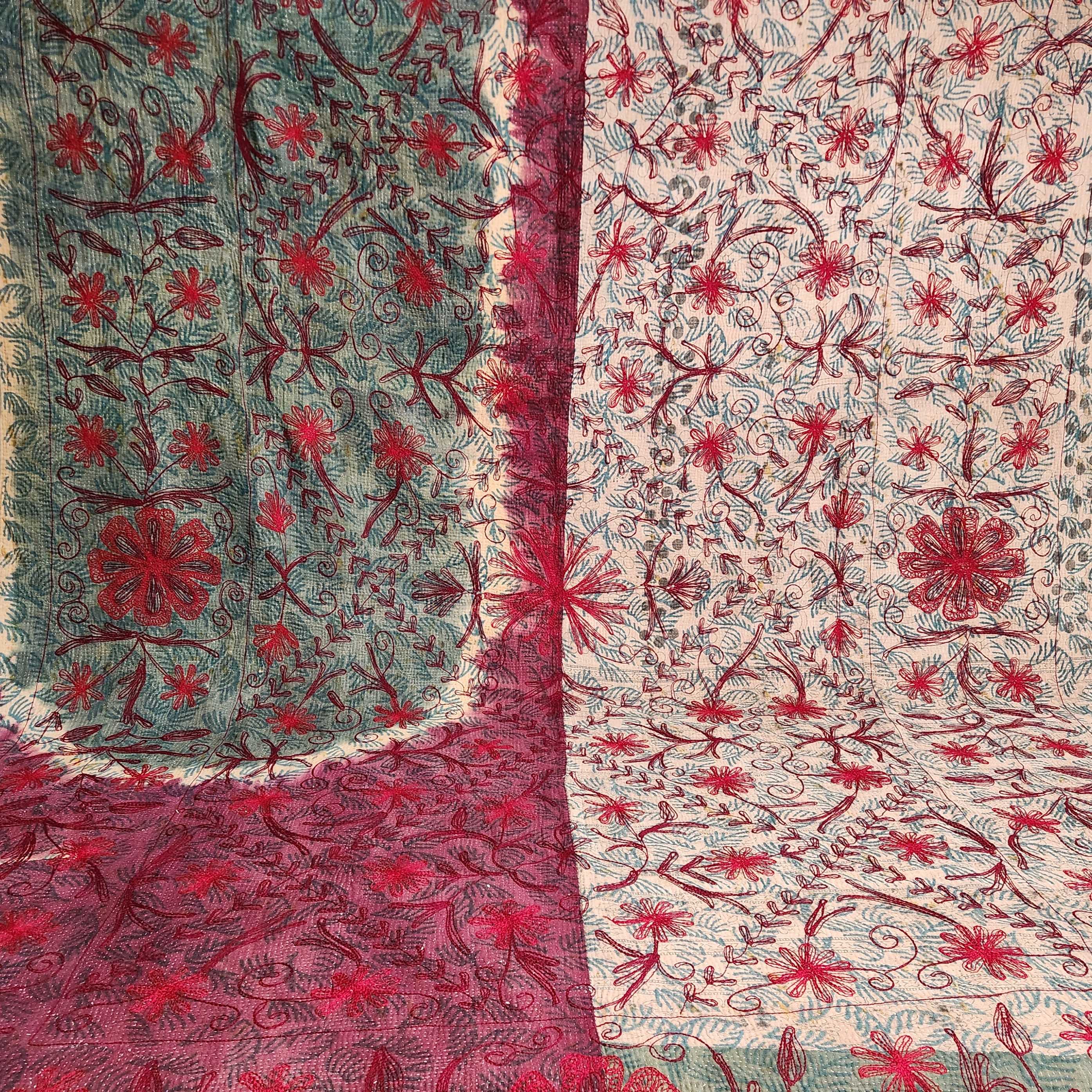 Vintage Suzani Kantha Throw - Red, Burgundy on Mid Blue