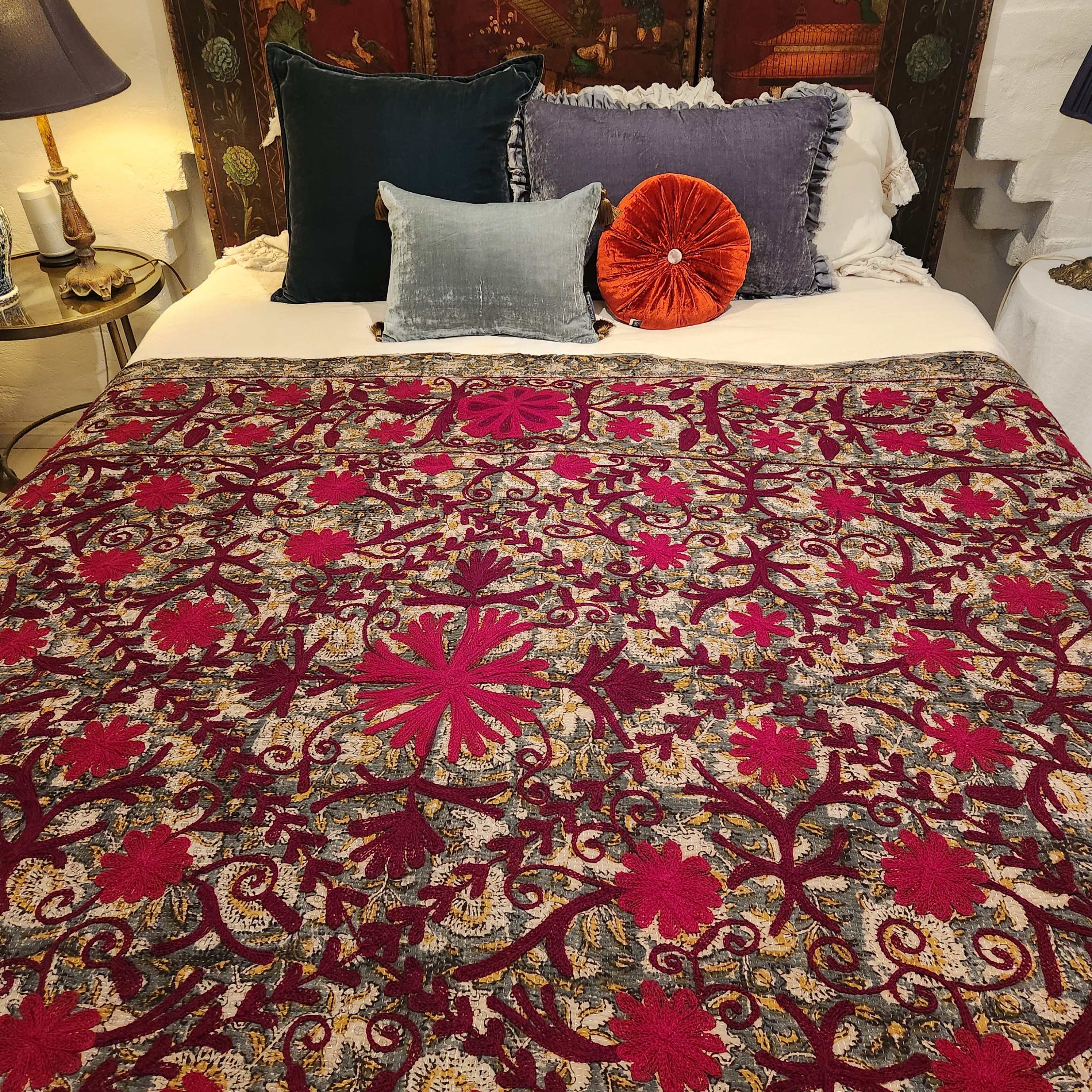 Vintage Suzani Kantha Throw - Red, Burgundy on Mid Blue