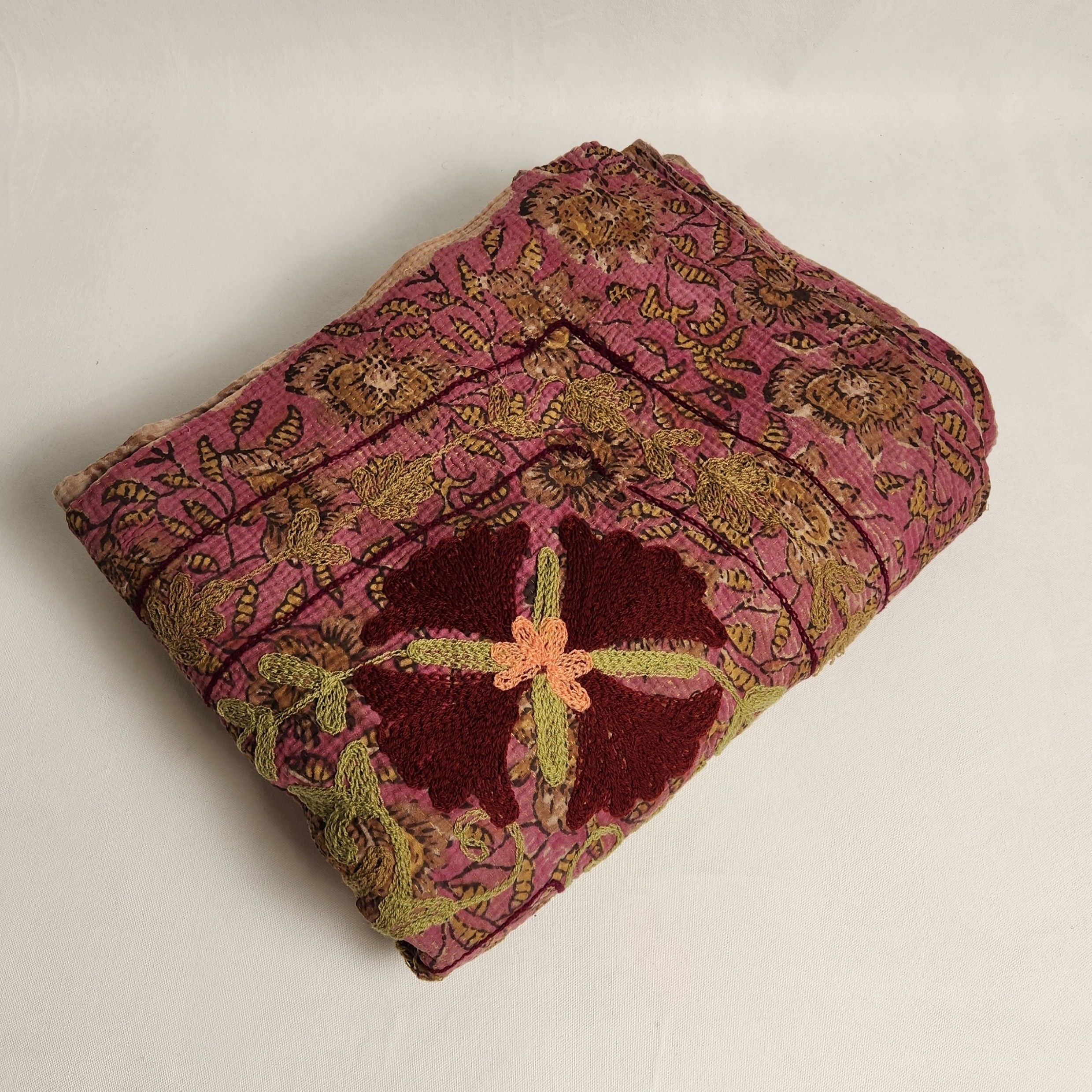 Vintage Suzani Kantha Throw - Purple, Green, Coral, Rust