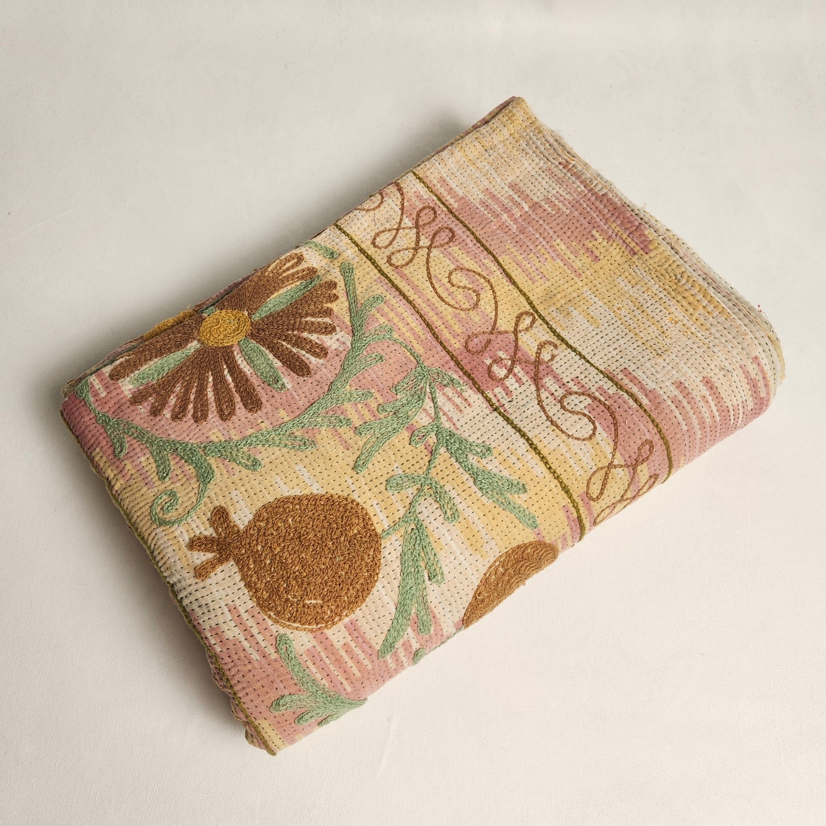 Vintage Suzani Kantha Throw - Pink, Yellow, Coffee