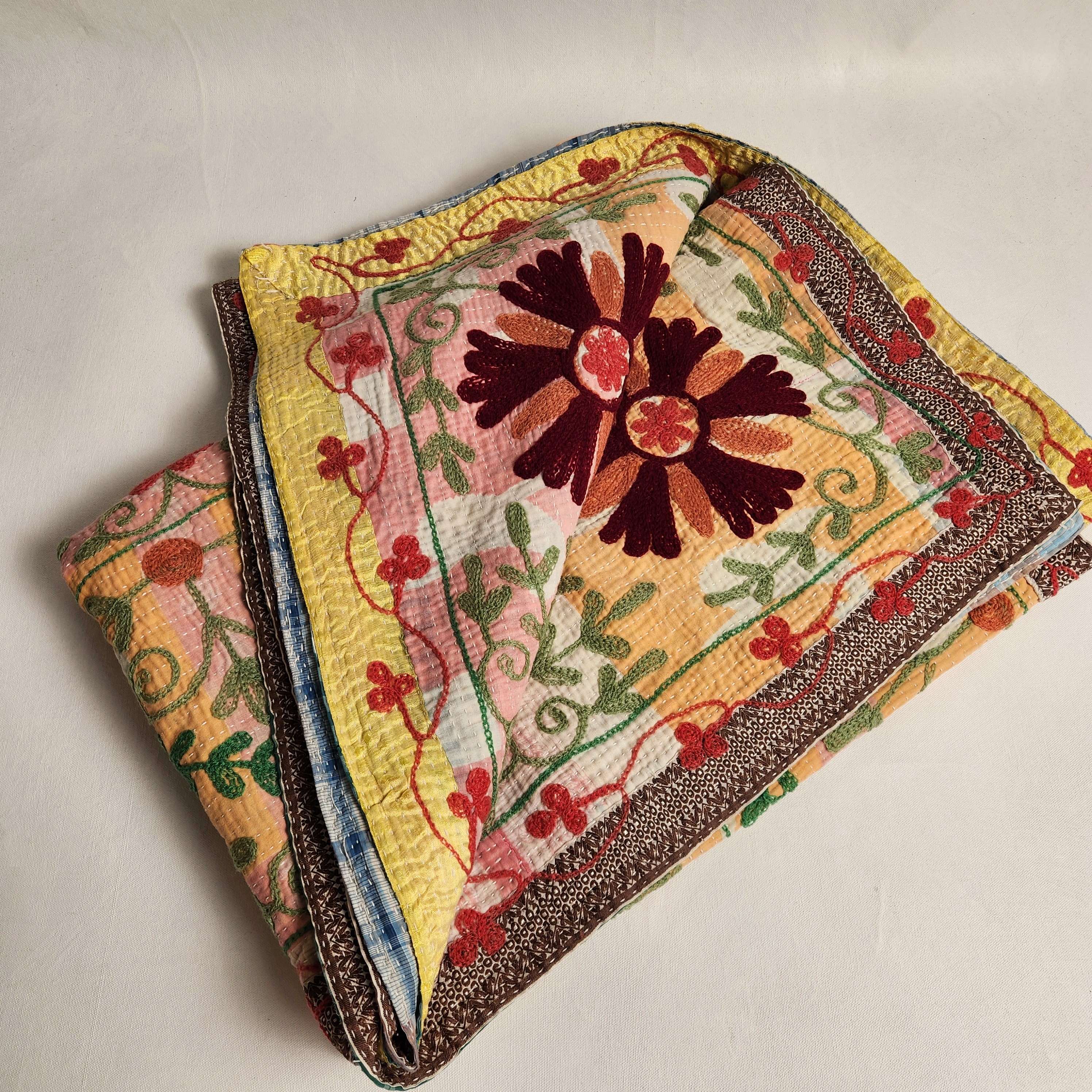 Vintage Suzani Kantha Throw - Strawberry, Green, Mandarin, Cream
