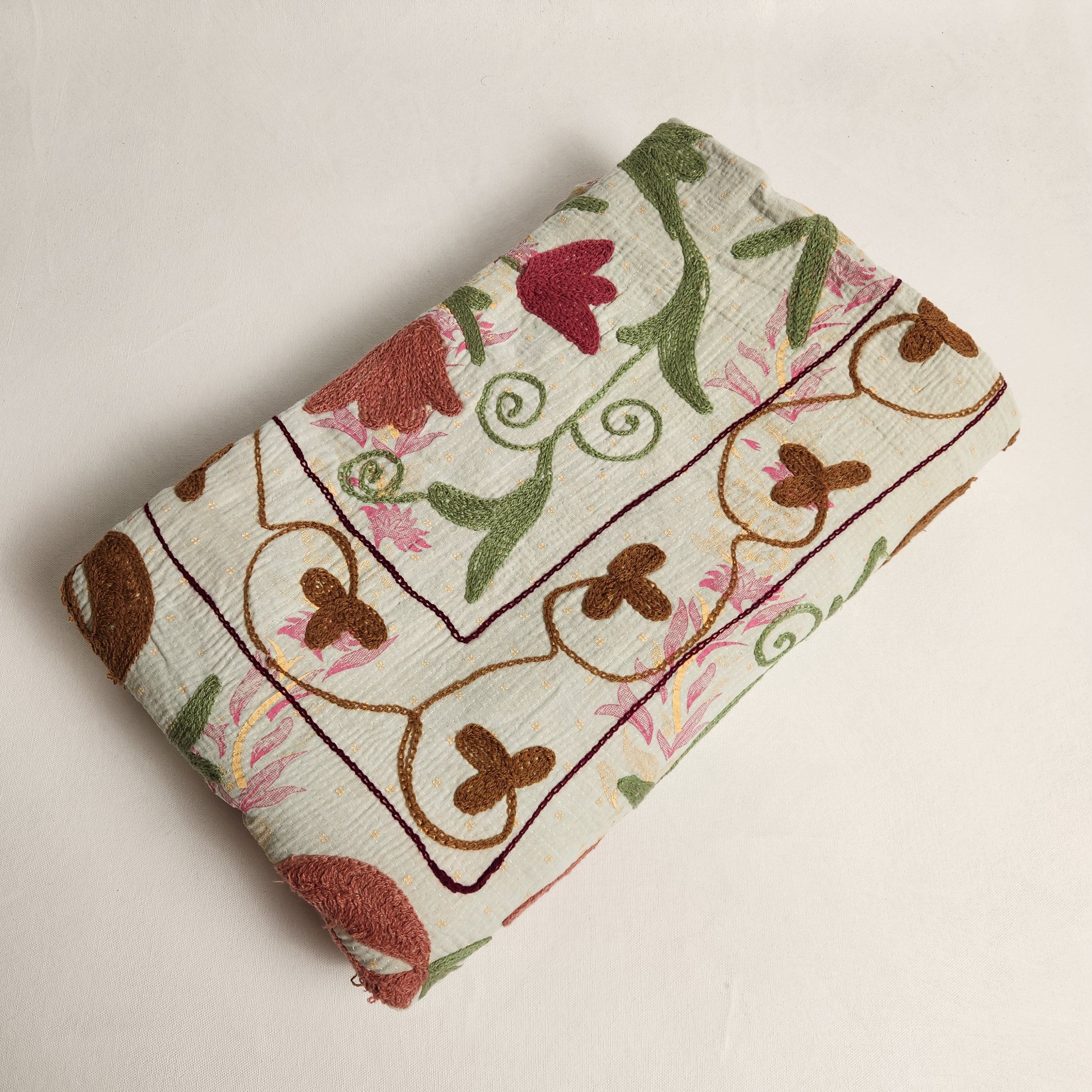 Vintage Suzani Kantha Throw - Double Pink, Green, Tan, Yellow