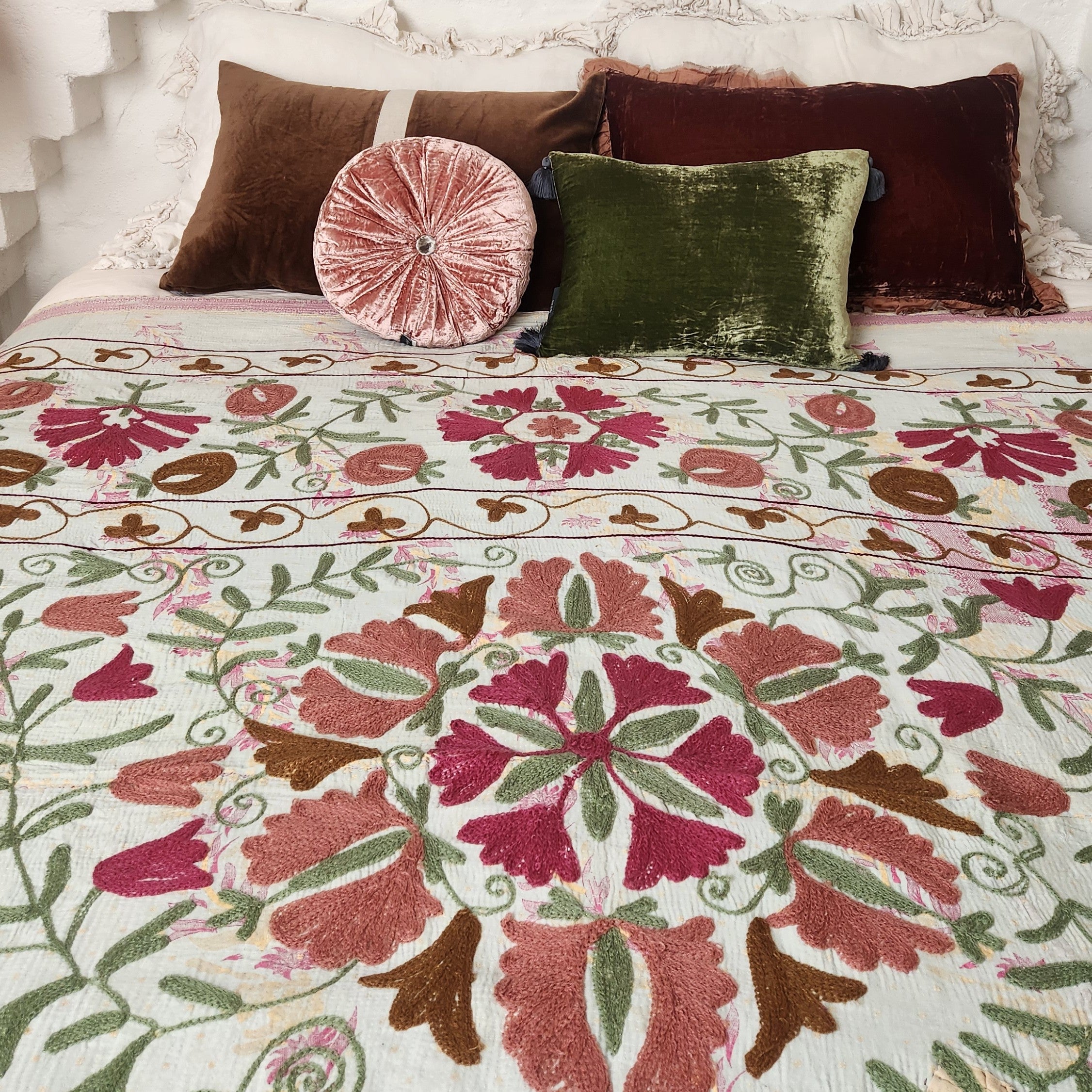 Vintage Suzani Kantha Throw - Double Pink, Green, Tan, Yellow