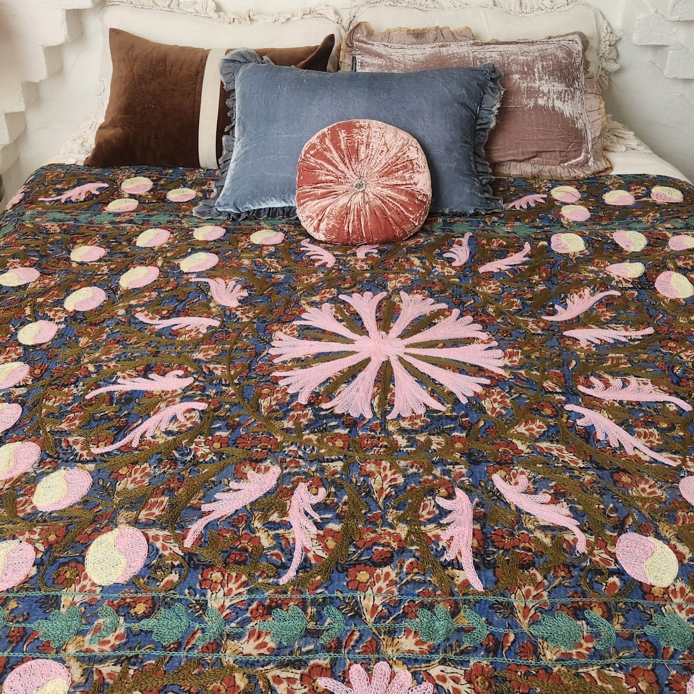Vintage Suzani Kantha Throw - Pink, Blue and Olive