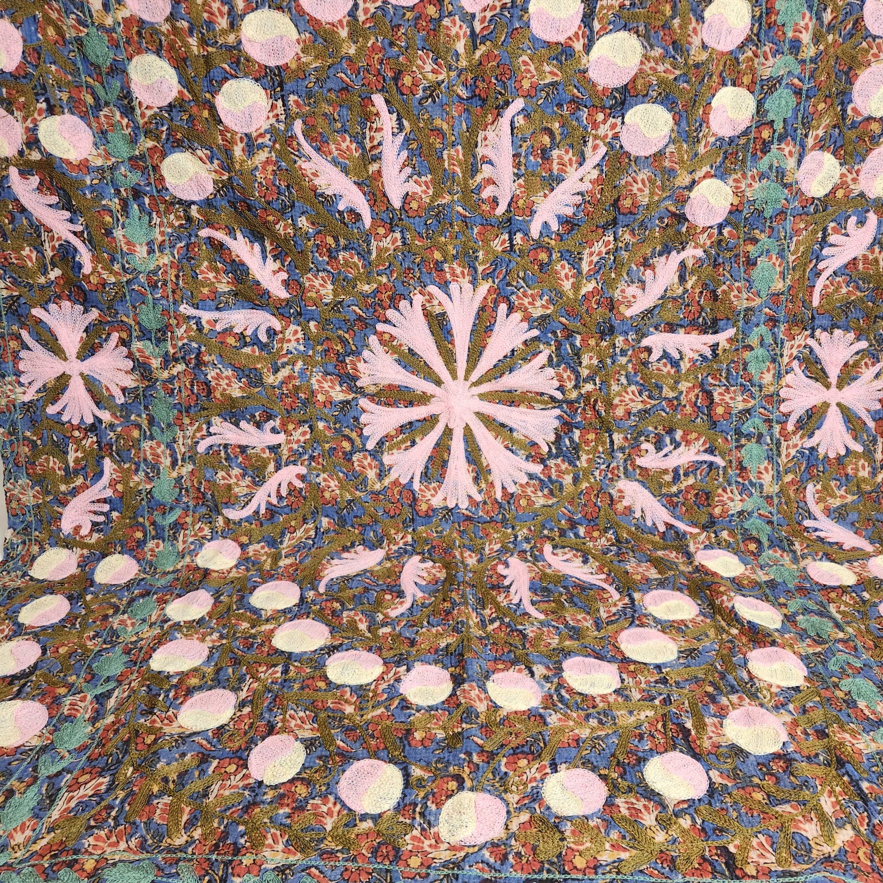Vintage Suzani Kantha Throw - Pink, Blue and Olive
