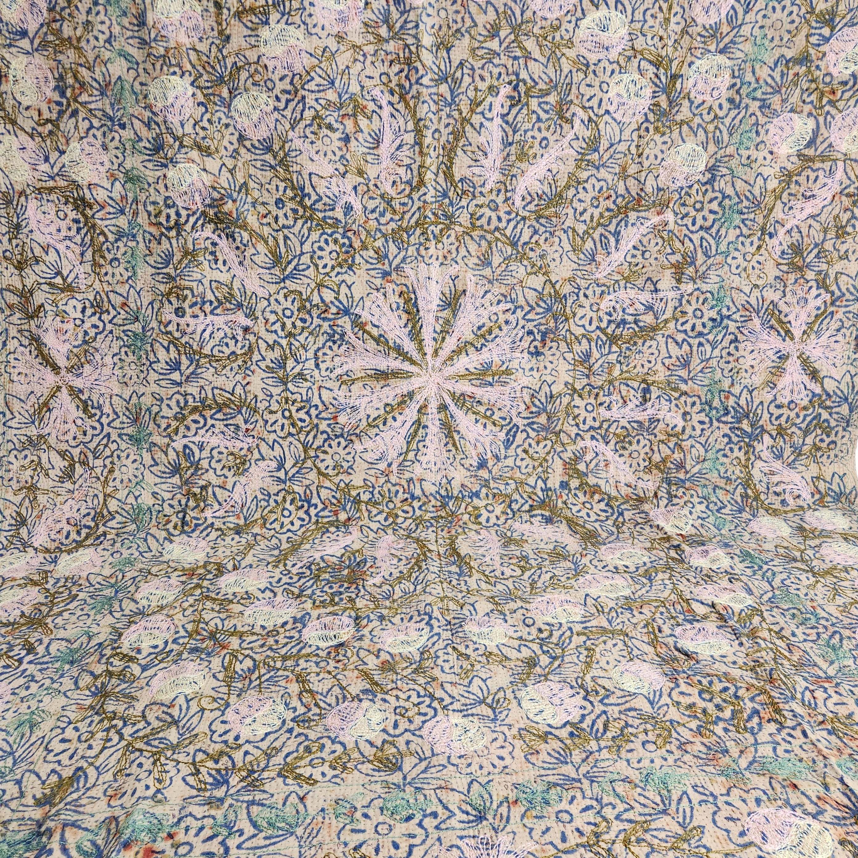 Vintage Suzani Kantha Throw - Pink, Blue and Olive