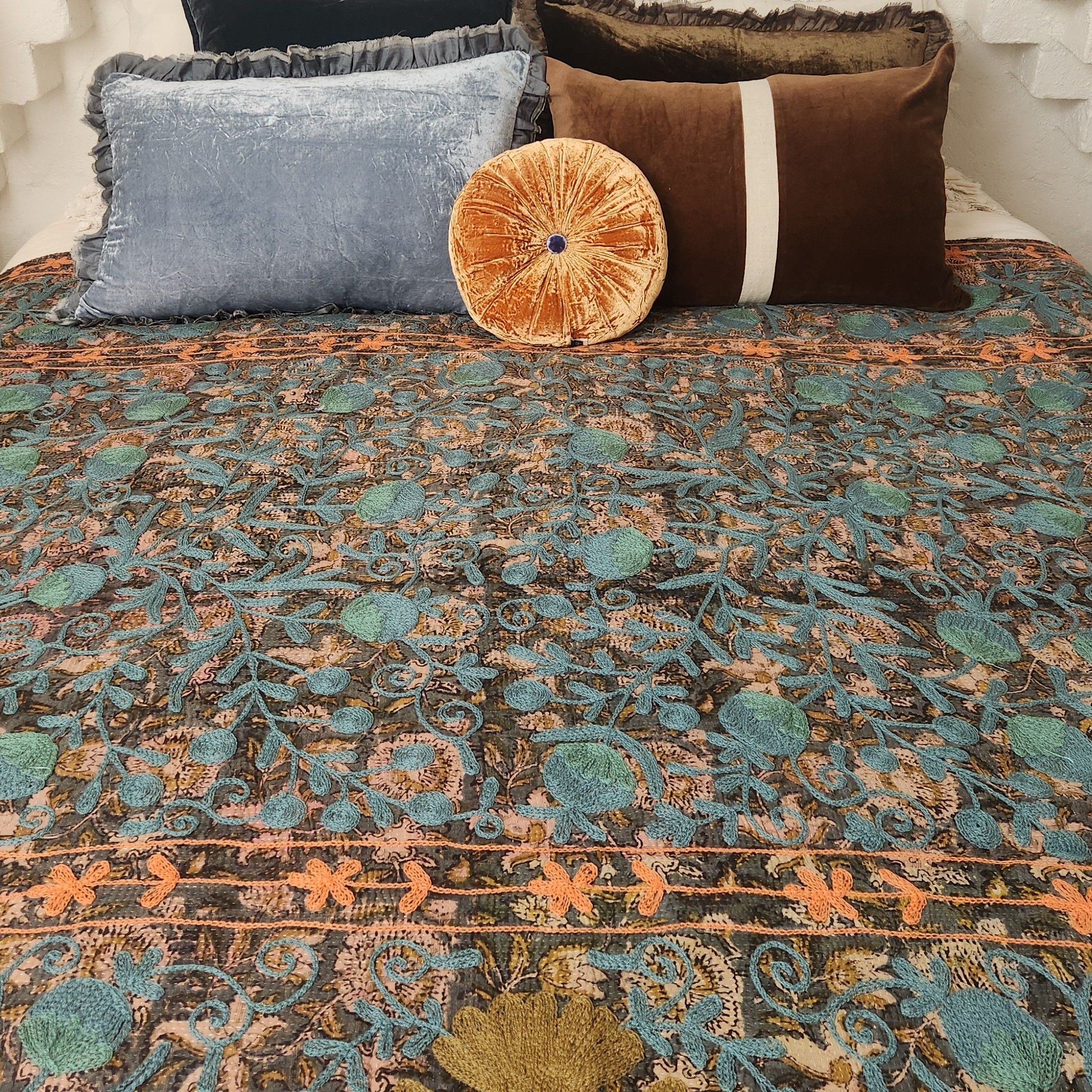 Vintage Suzani Kantha Throw - Dusty Blue , Orange and Olive