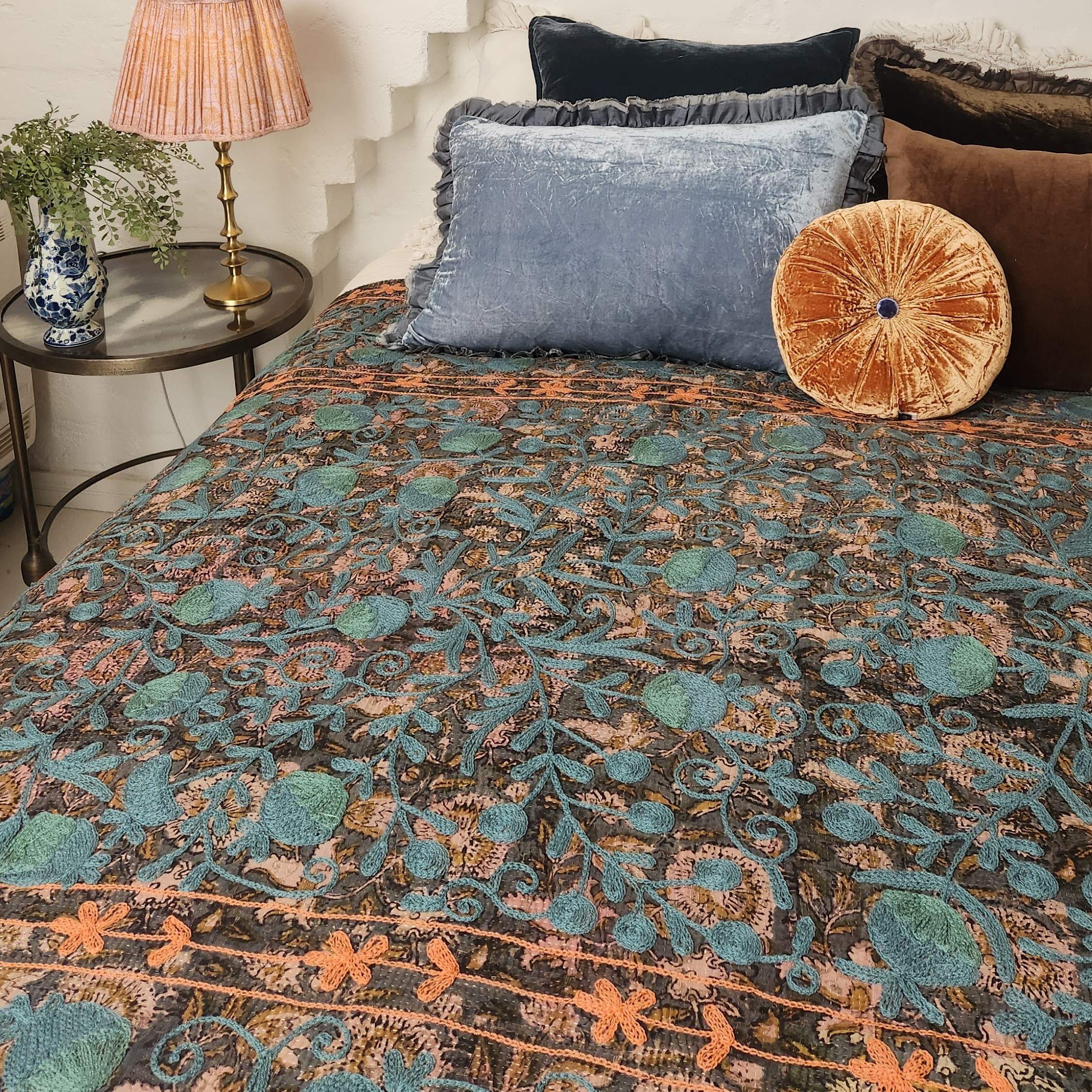 Vintage Suzani Kantha Throw - Dusty Blue , Orange and Olive