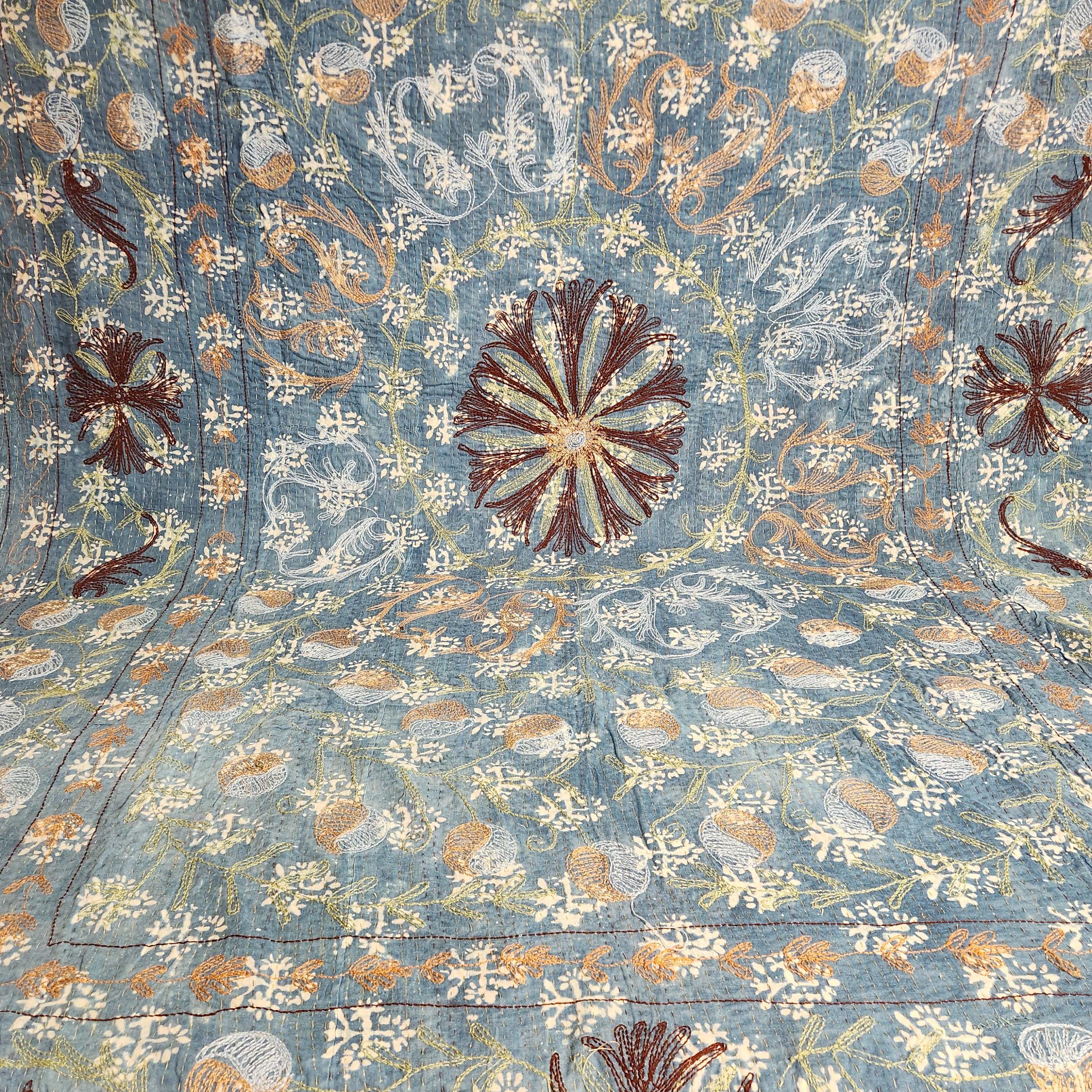 Vintage Suzani Kantha Throw - Blue, Burgundy, Green, Tan