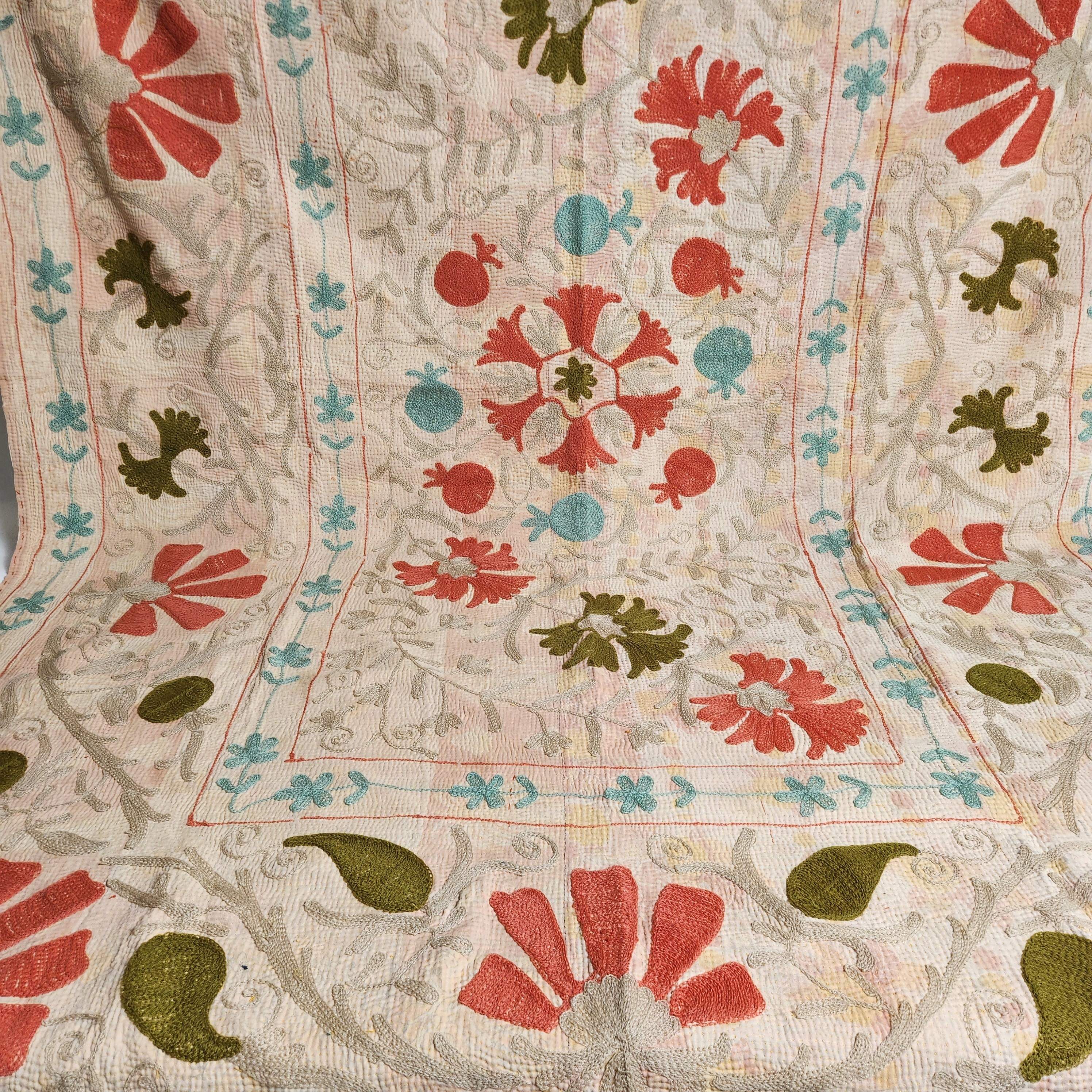 Vintage Suzani Kantha Throw - Peach, Green, Blue
