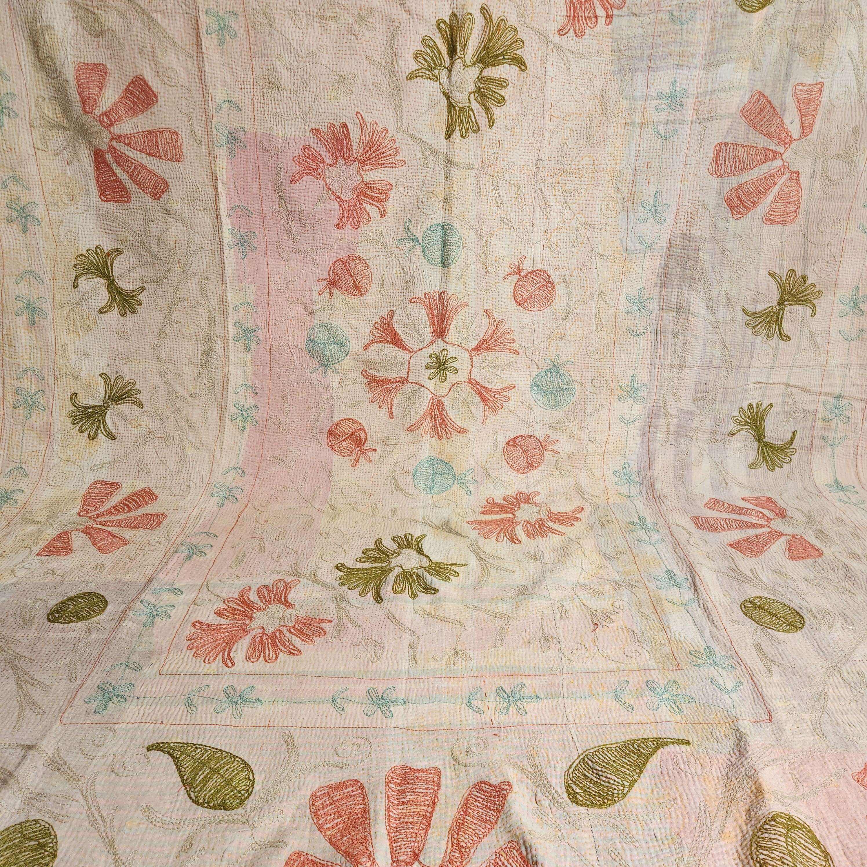 Vintage Suzani Kantha Throw - Peach, Green, Blue