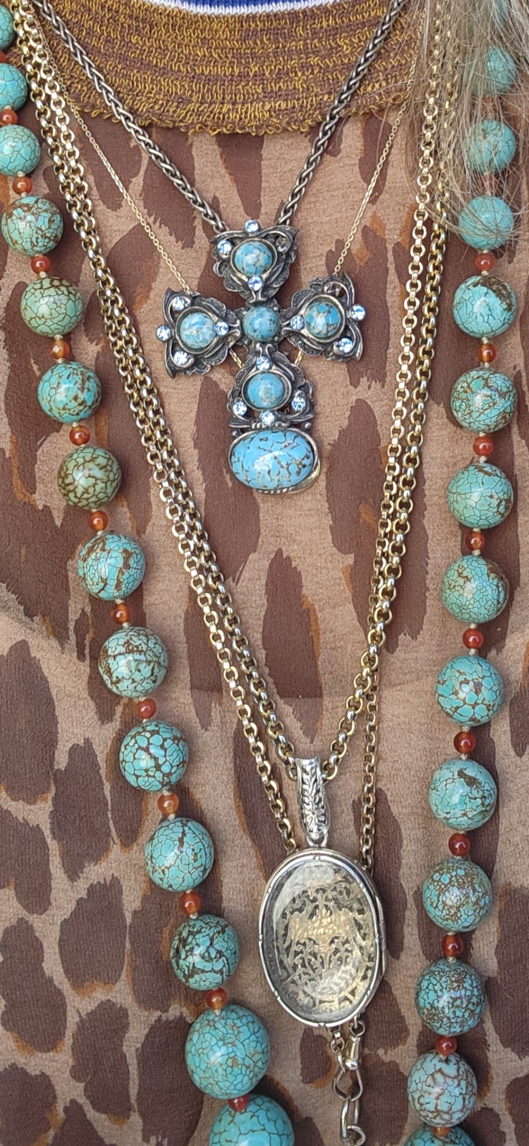 Vintage Silver Turquoise Cross Chain Necklace