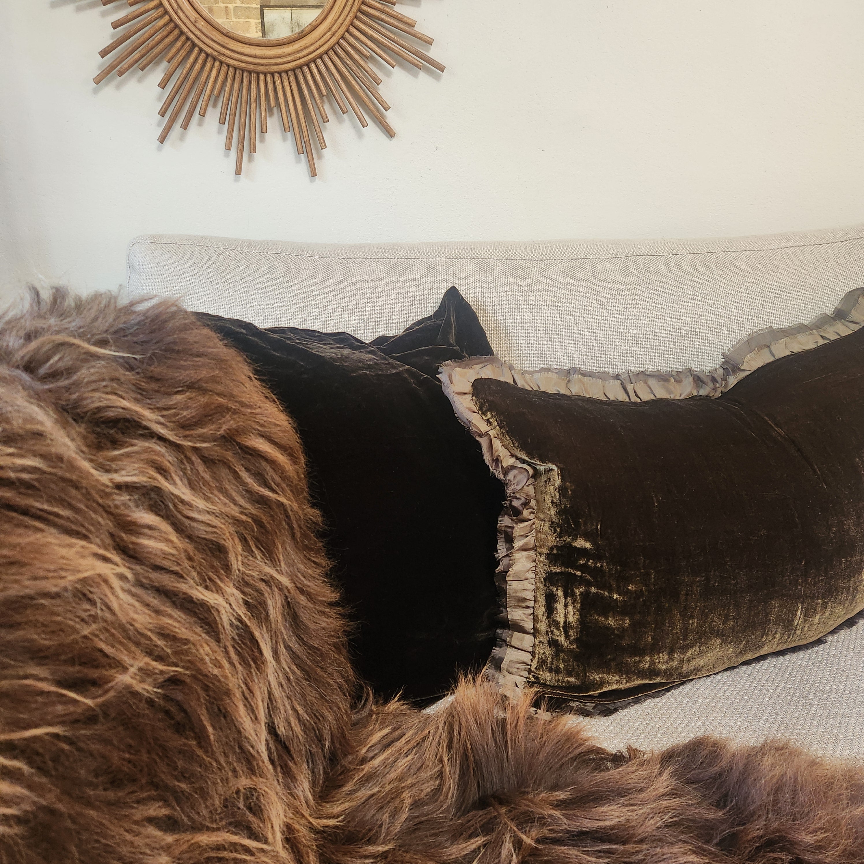 Seraphine Cushion with Silk Ruffle - Owaka Brown