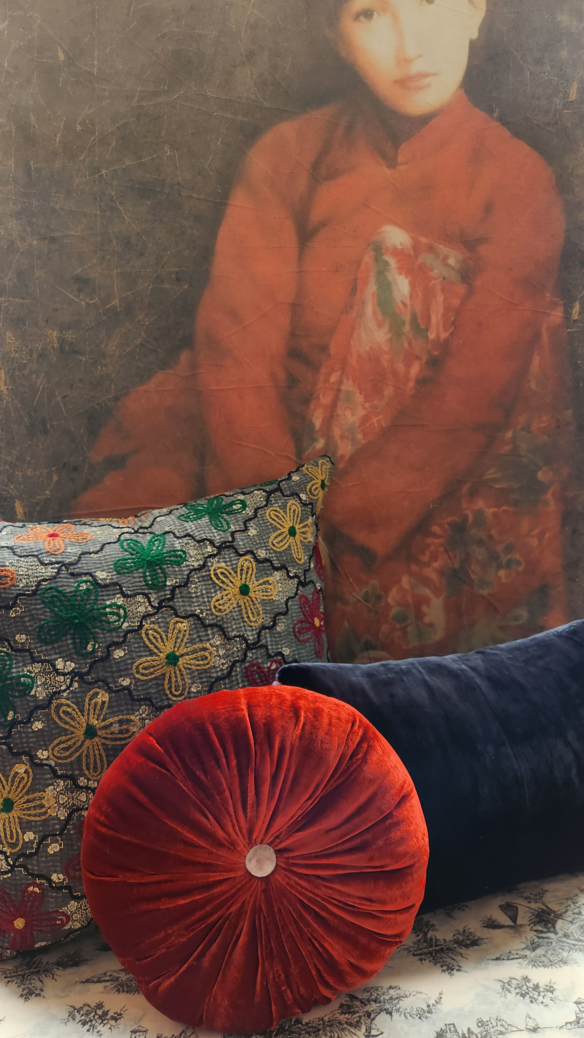 Suzani Cushion #38 - Grey, Green, Burgundy, Black 50x50