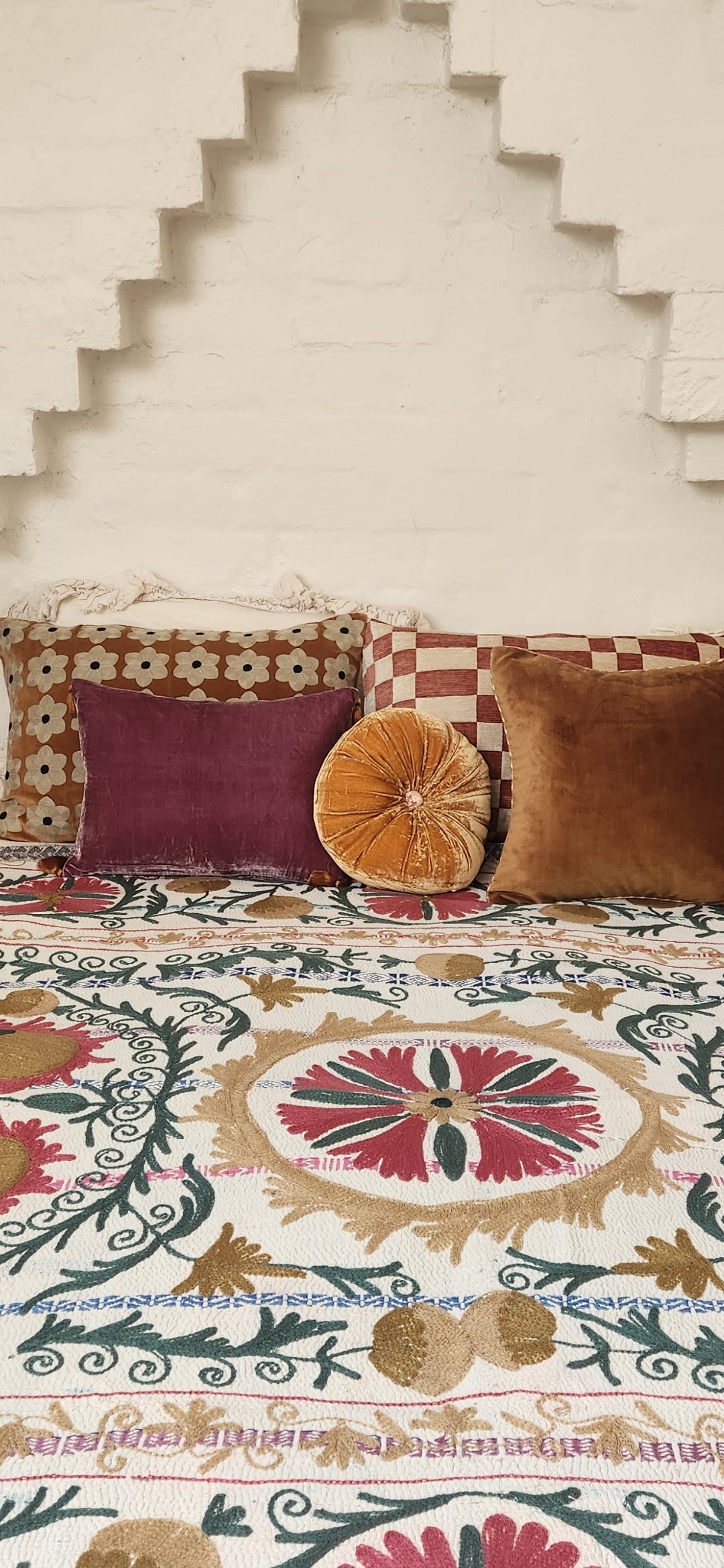 Vintage Suzani Kantha Throw - Pink, Dusty Teal, Ochre