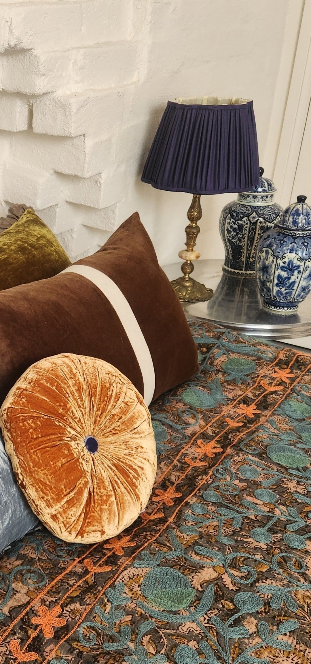 Vintage Suzani Kantha Throw - Dusty Blue , Orange and Olive