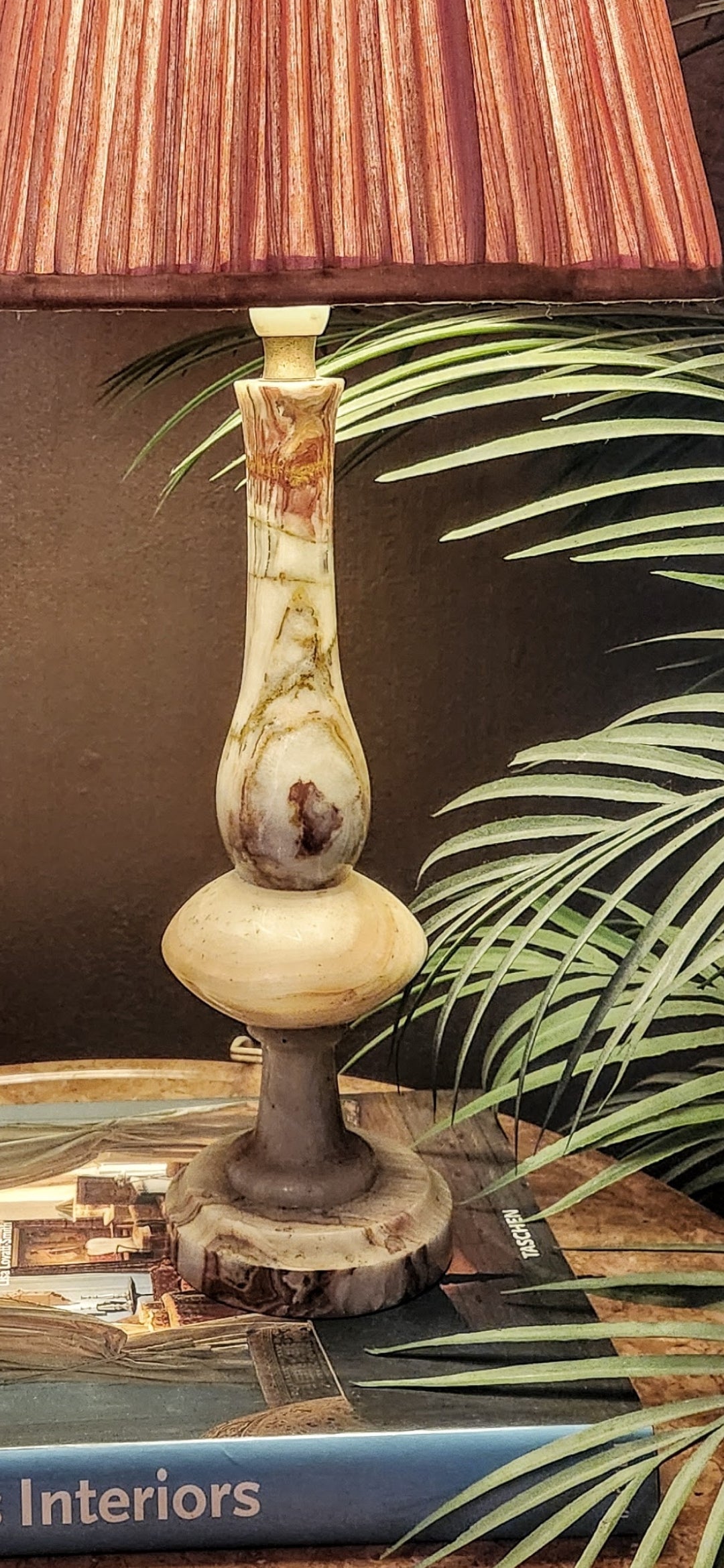 Alabaster Lamp and Pleated Bronze Silk Shade