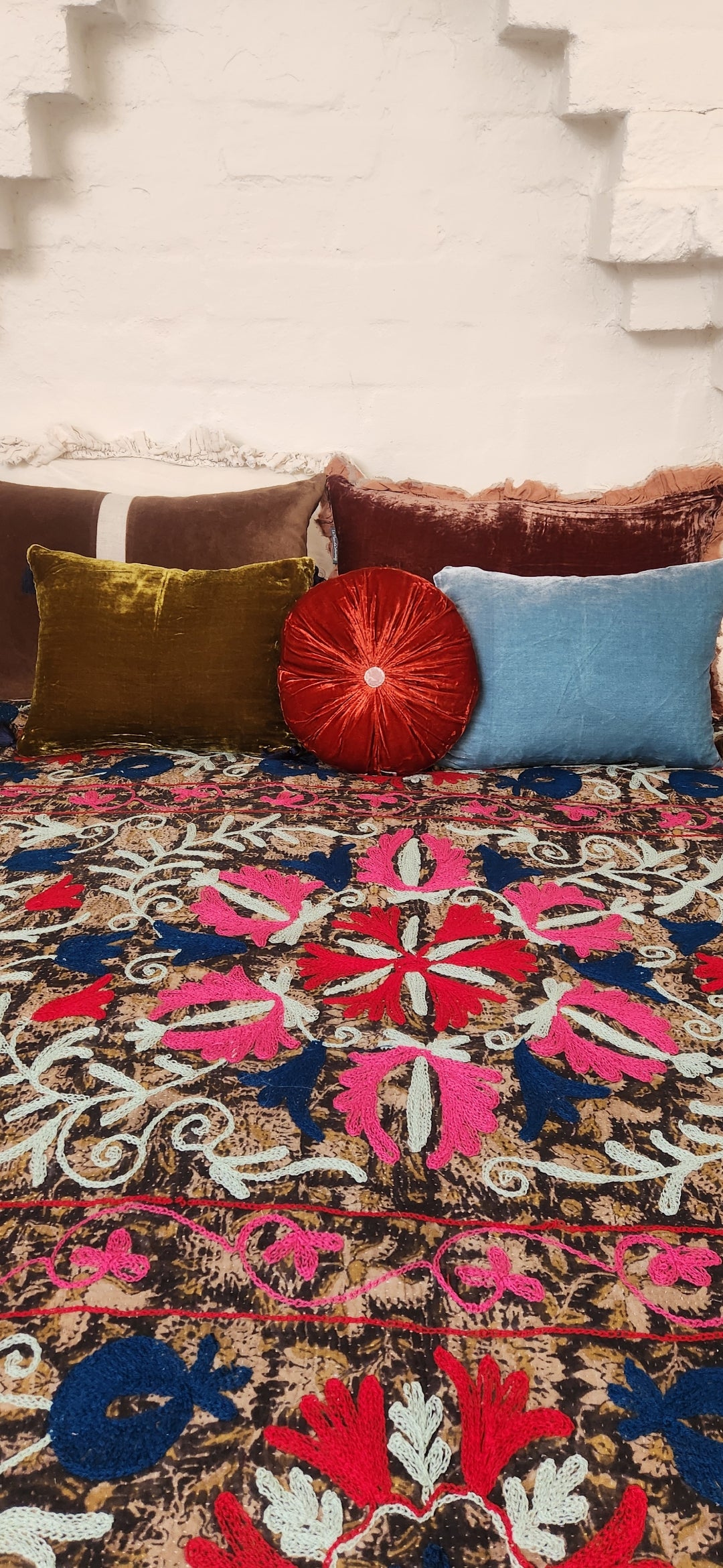 Vintage Suzani Kantha Throw - Camouflage Reds, Blue, Pink, Mint