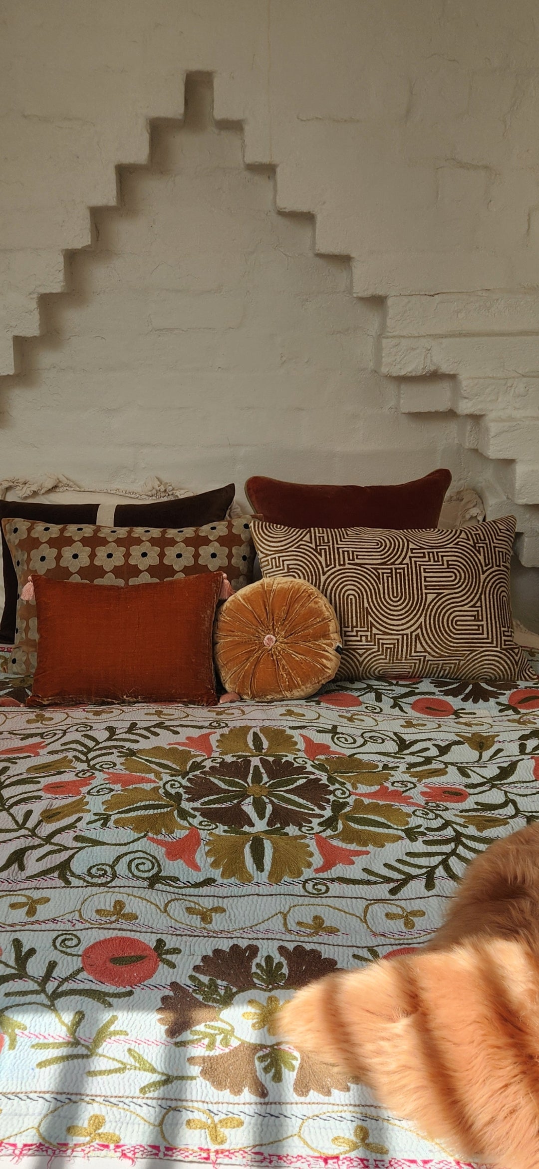 Vintage Suzani Kantha Throw - Apricot, Olive, Ochre, Ice Blue