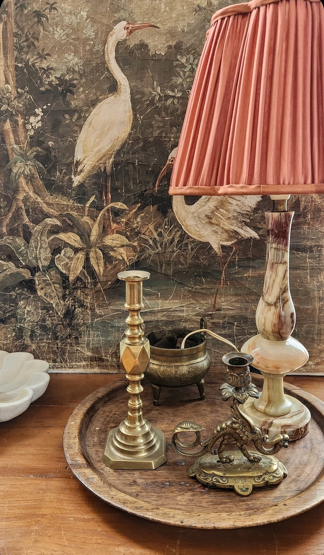 Alabaster Lamp and Pleated Bronze Silk Shade