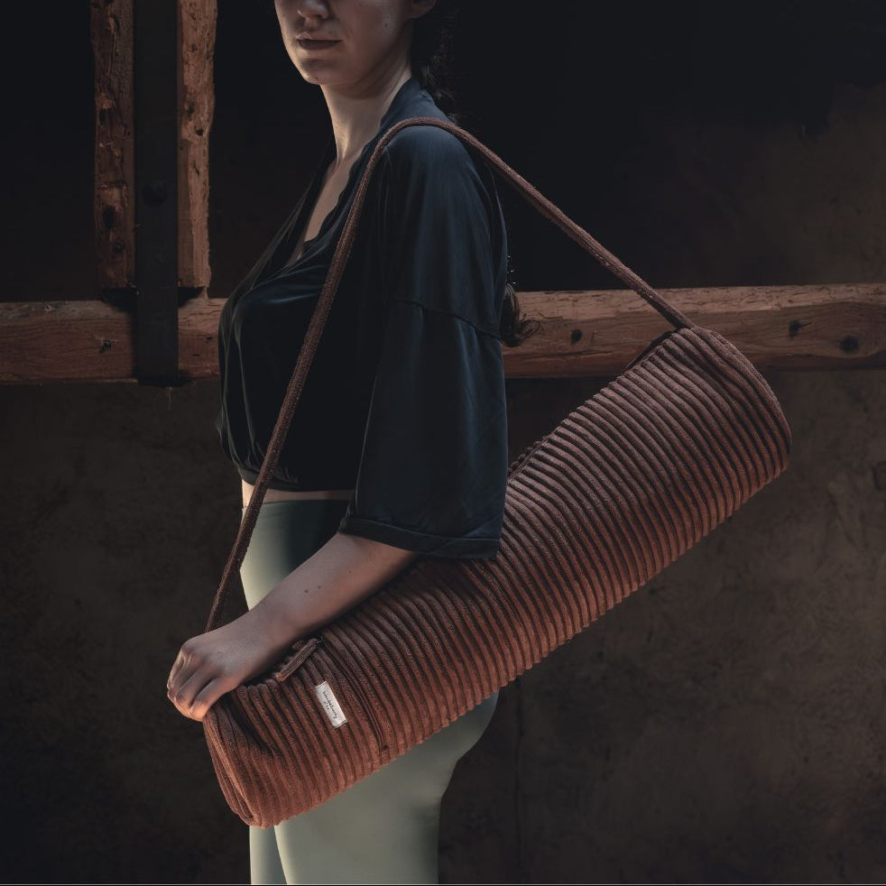 Cinnamon coloured corduroy yoga mat bag