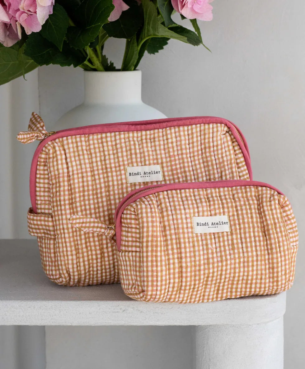 Caramel French gingham print toiletry bag