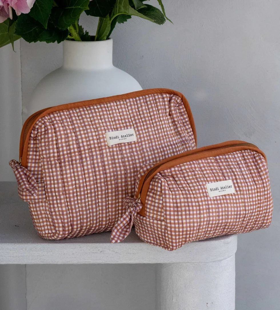 pink and caramel French gingham print makeup bag
