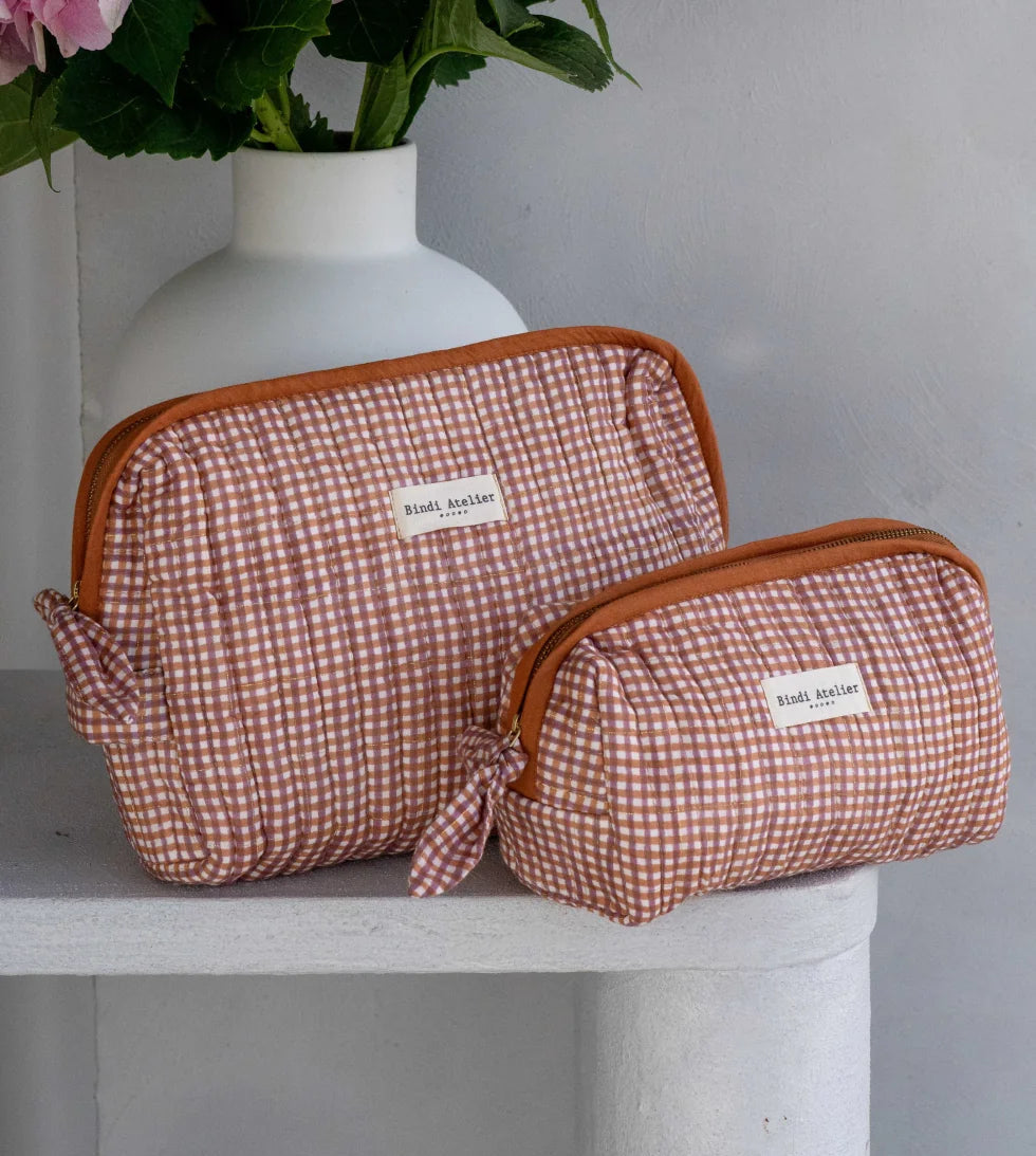 pink and caramel French gingham print toiletry bag