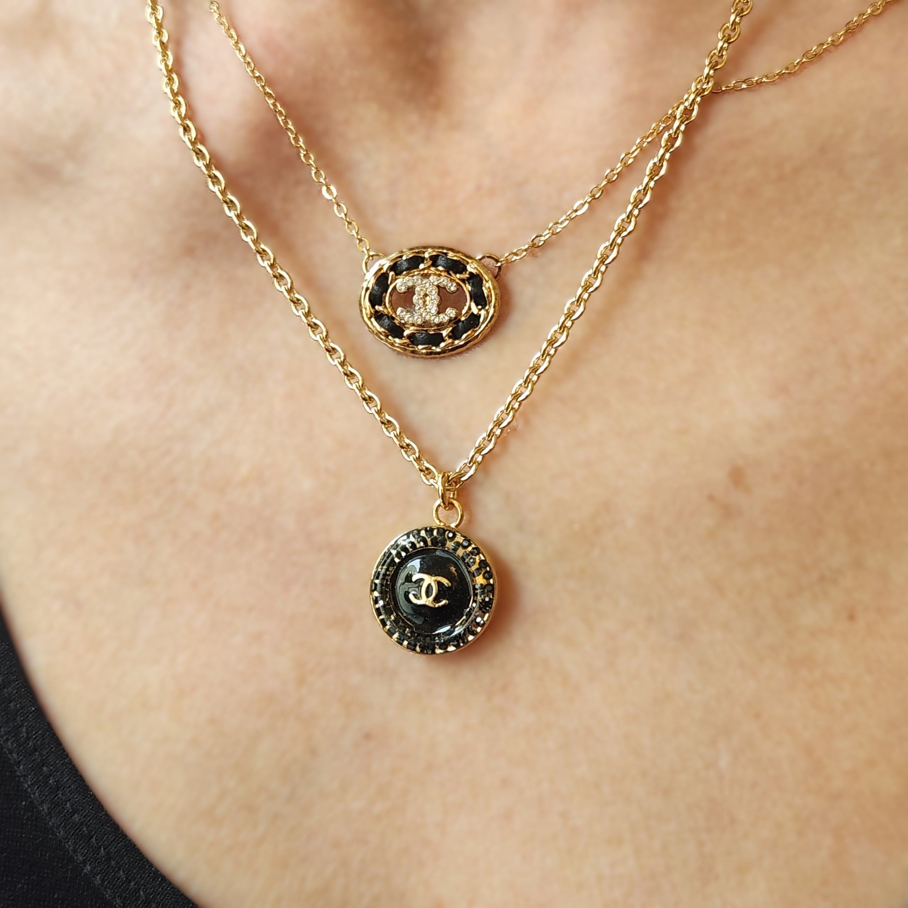 Black Enamel Speckled Border Necklace
