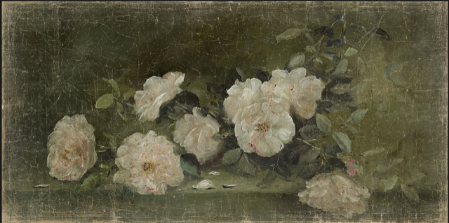 A canvas print featuring a cluster of white roses with green leaves against a dark background, creating a contrast in colors.