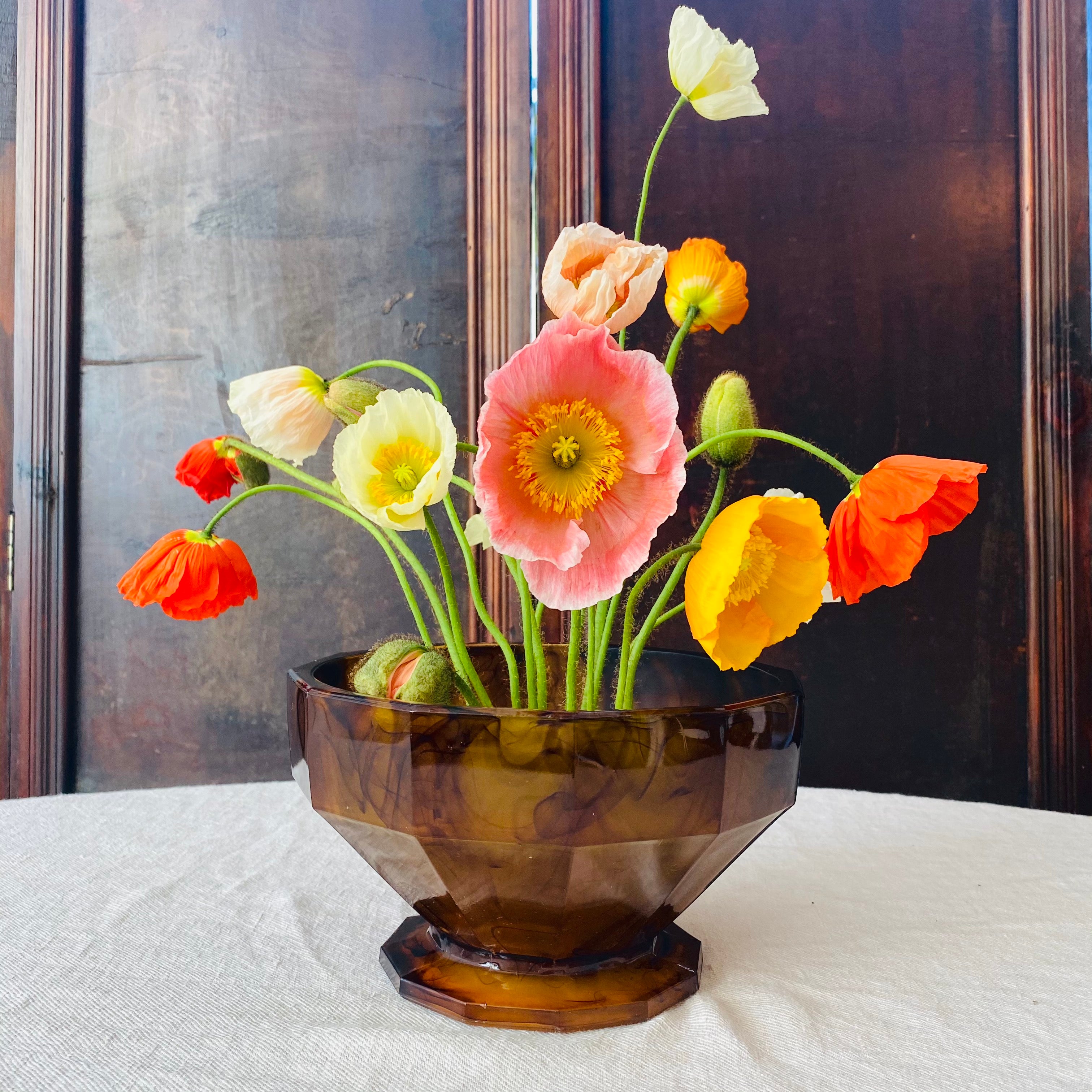 Art Deco Amber Cloud Glass Bowl with Flower Dome