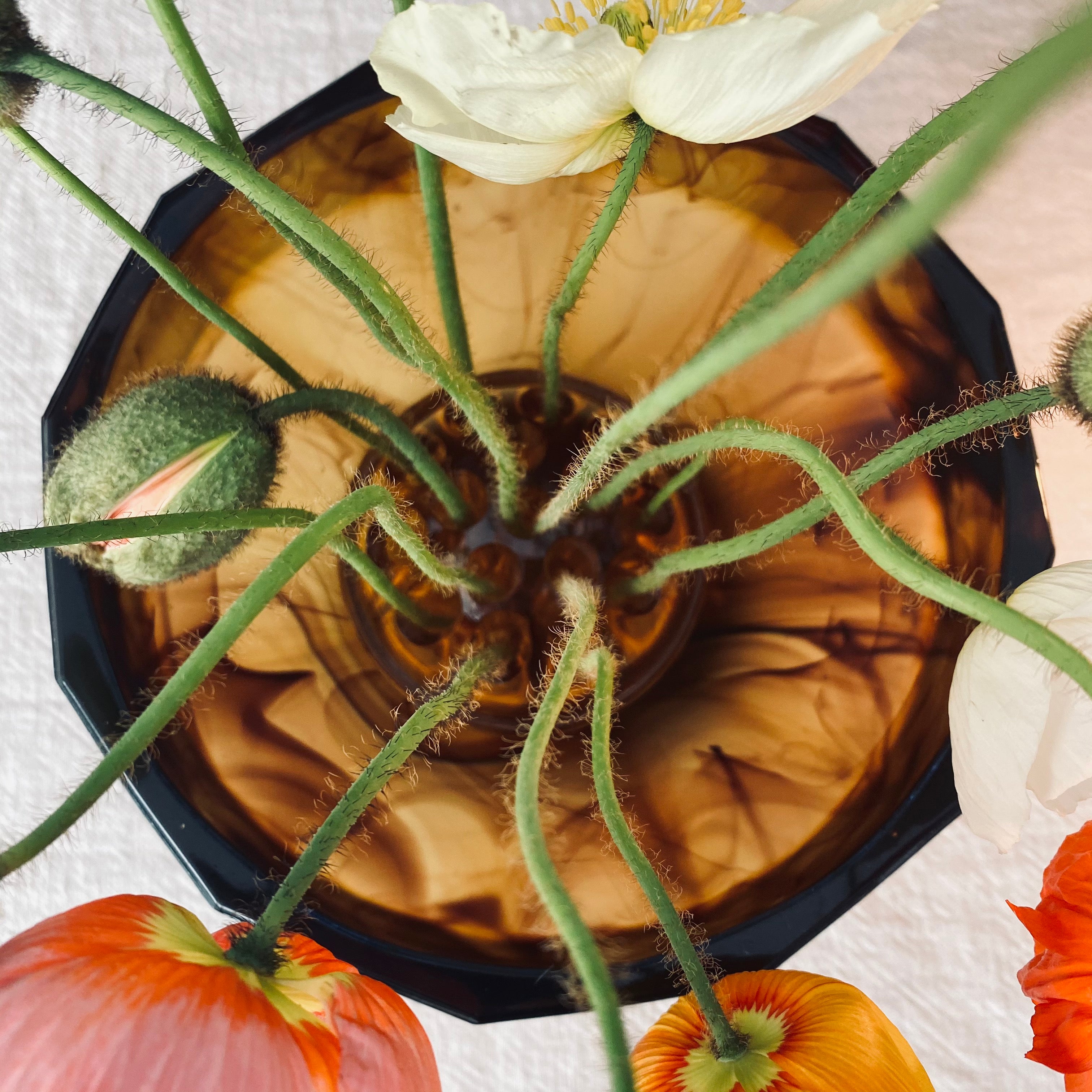 Art Deco Amber Cloud Glass Bowl with Flower Dome