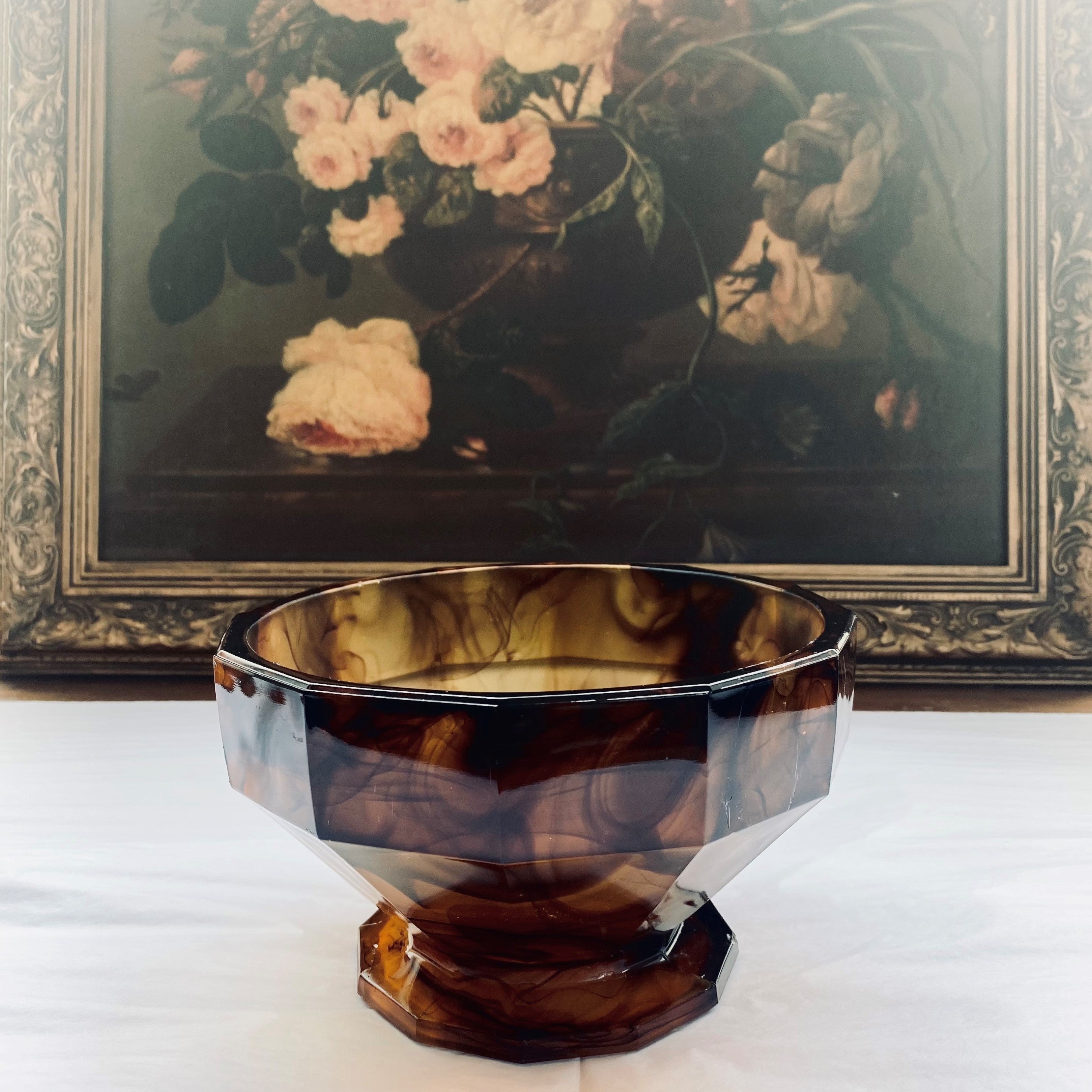 Art Deco Amber Cloud Glass Bowl with Flower Dome