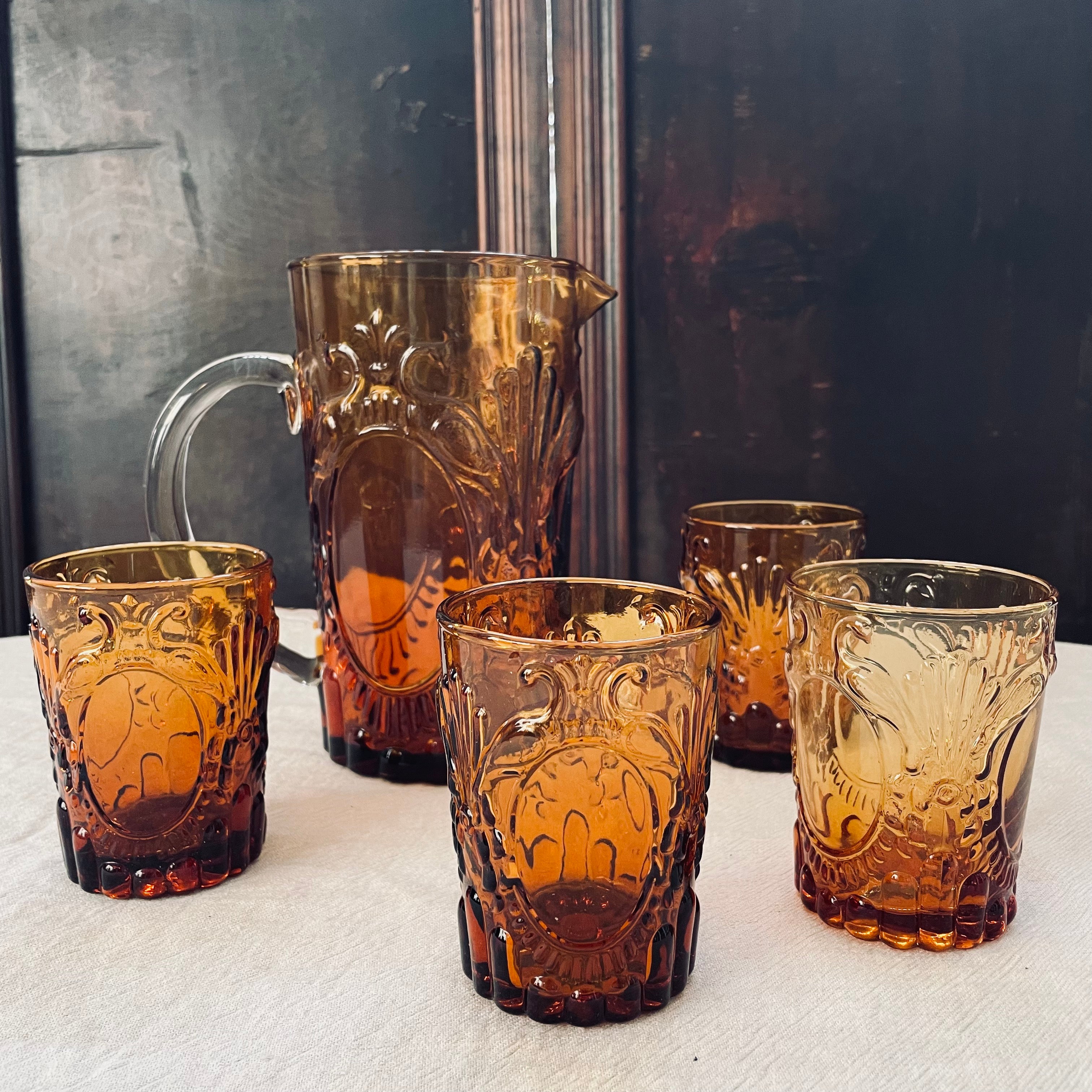 Vintage Amber Peacock Jug & Set of 4 matching tumblers