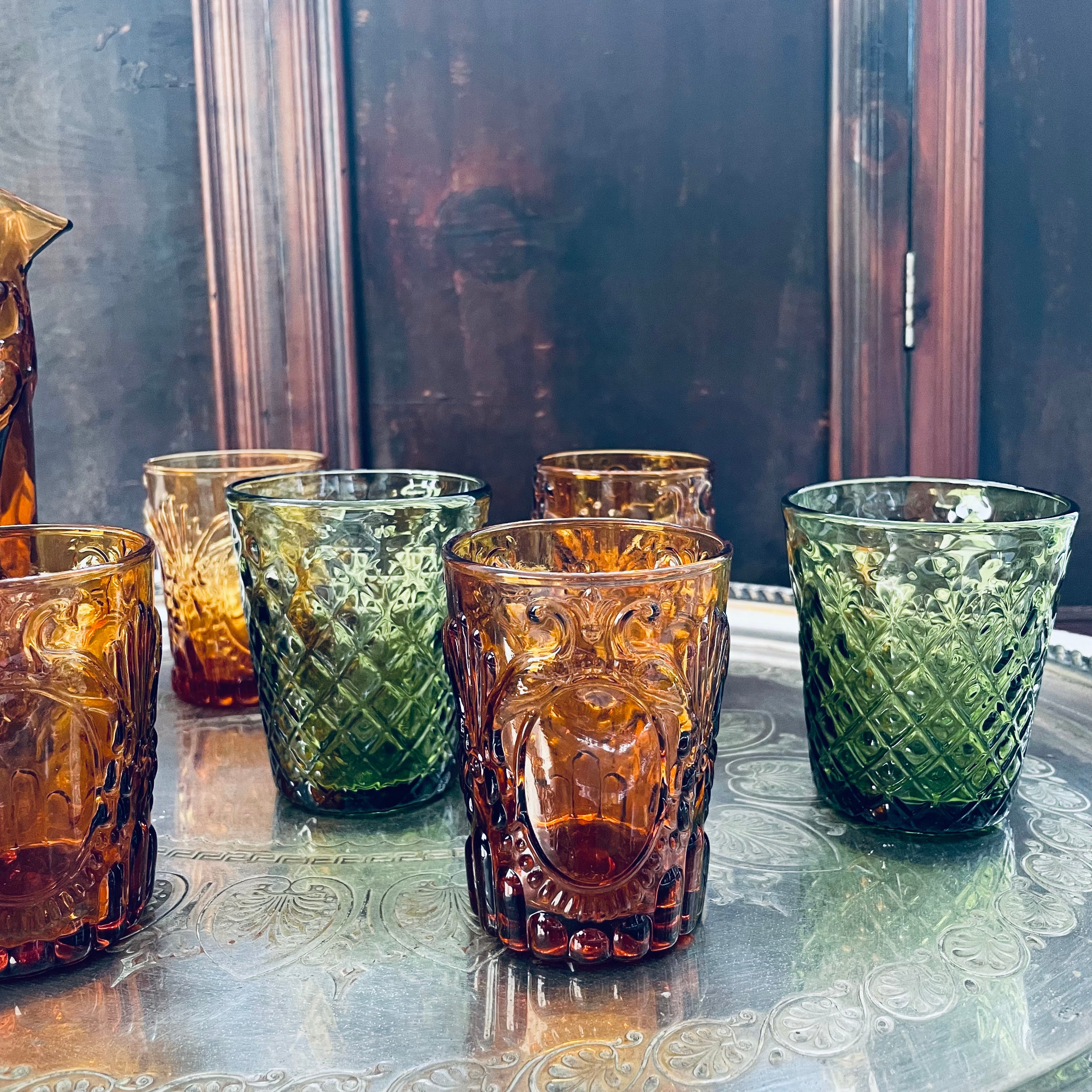 Vintage Amber Peacock Jug & Set of 4 matching tumblers