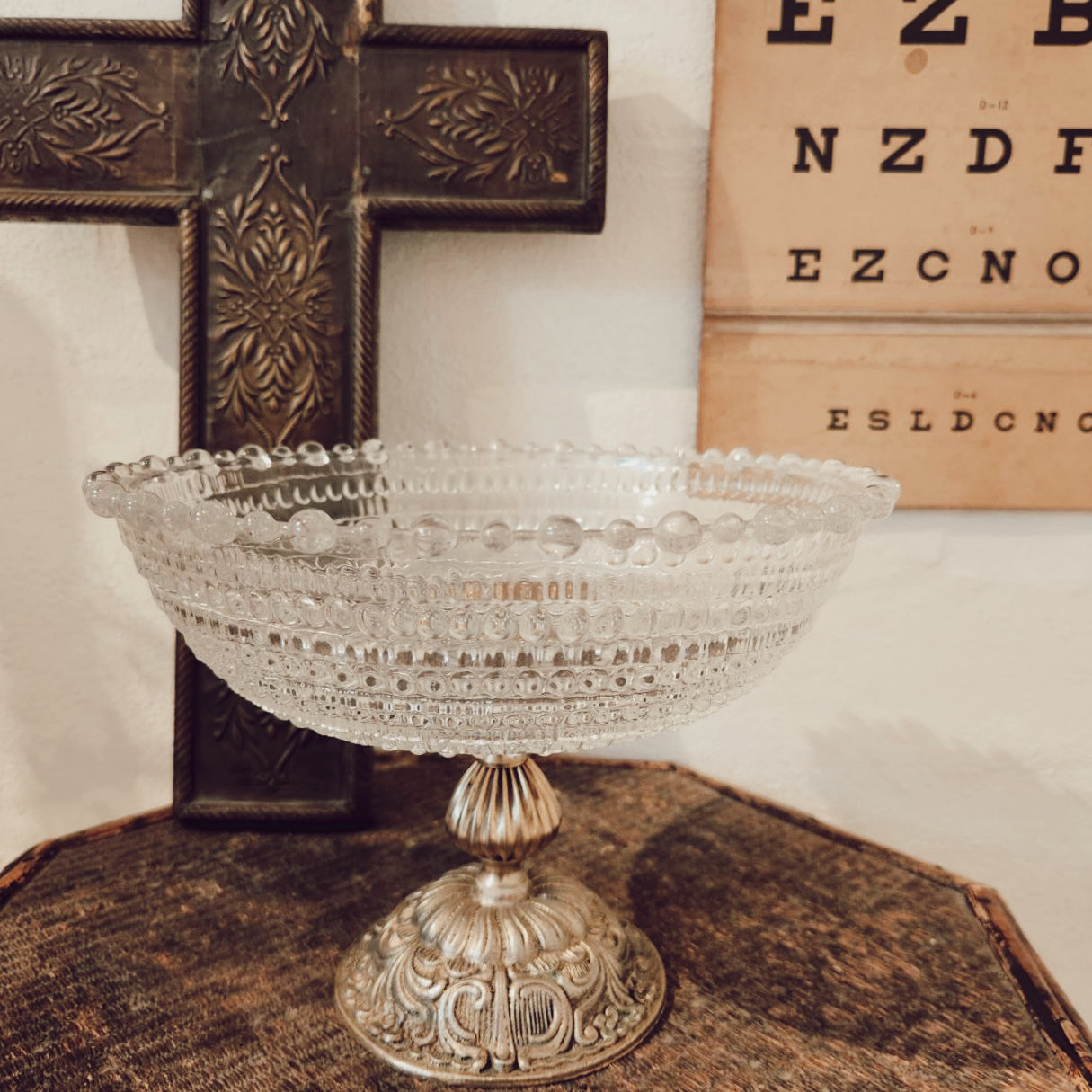 Vintage Bubble Glass Comport with Gilt Metal Base