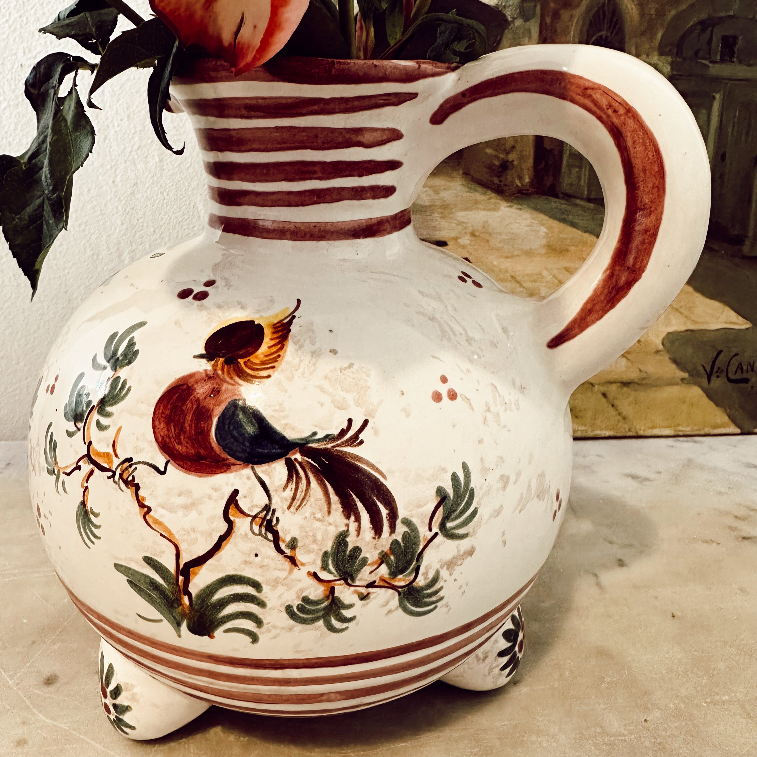 Vintage 1950s French Pottery Jug with Birds