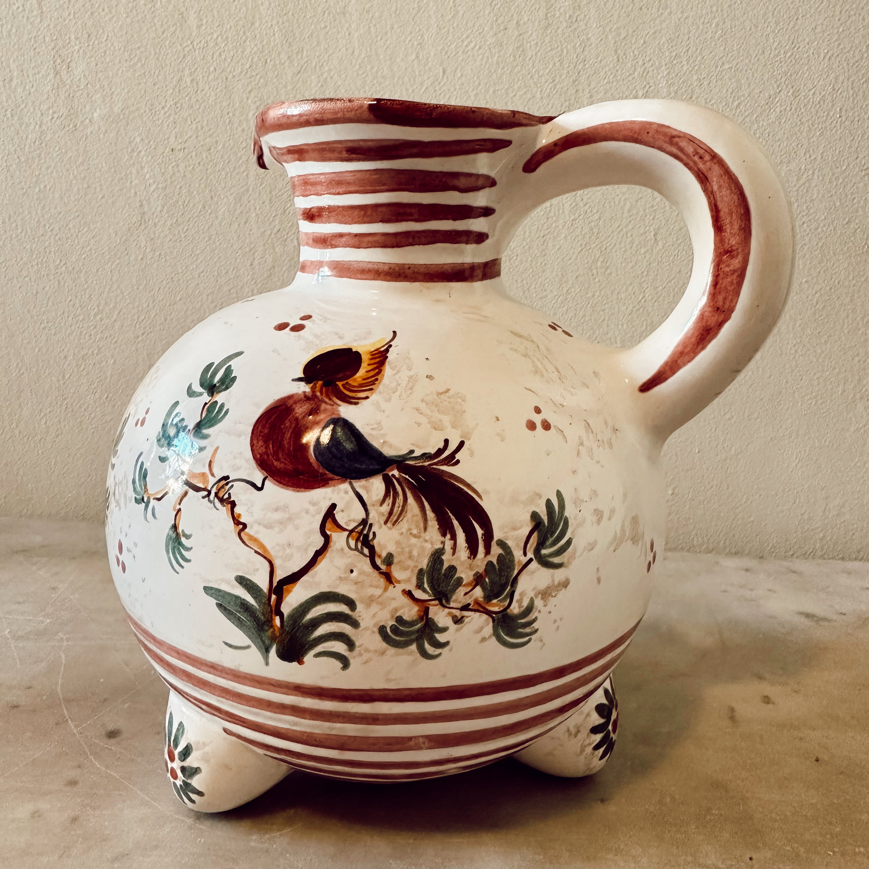 Vintage 1950s French Pottery Jug with Birds