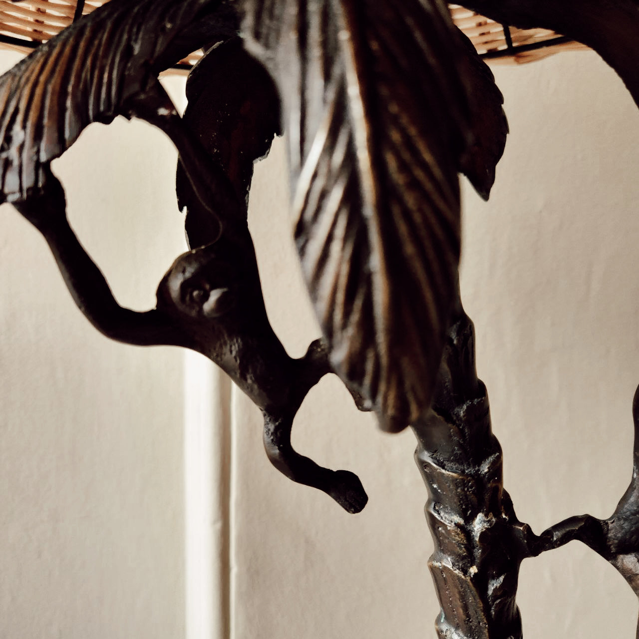 Mid Century Hollywood Regency Bronze Lamp Base with Climbing Monkeys and Handmade Rattan Shade.