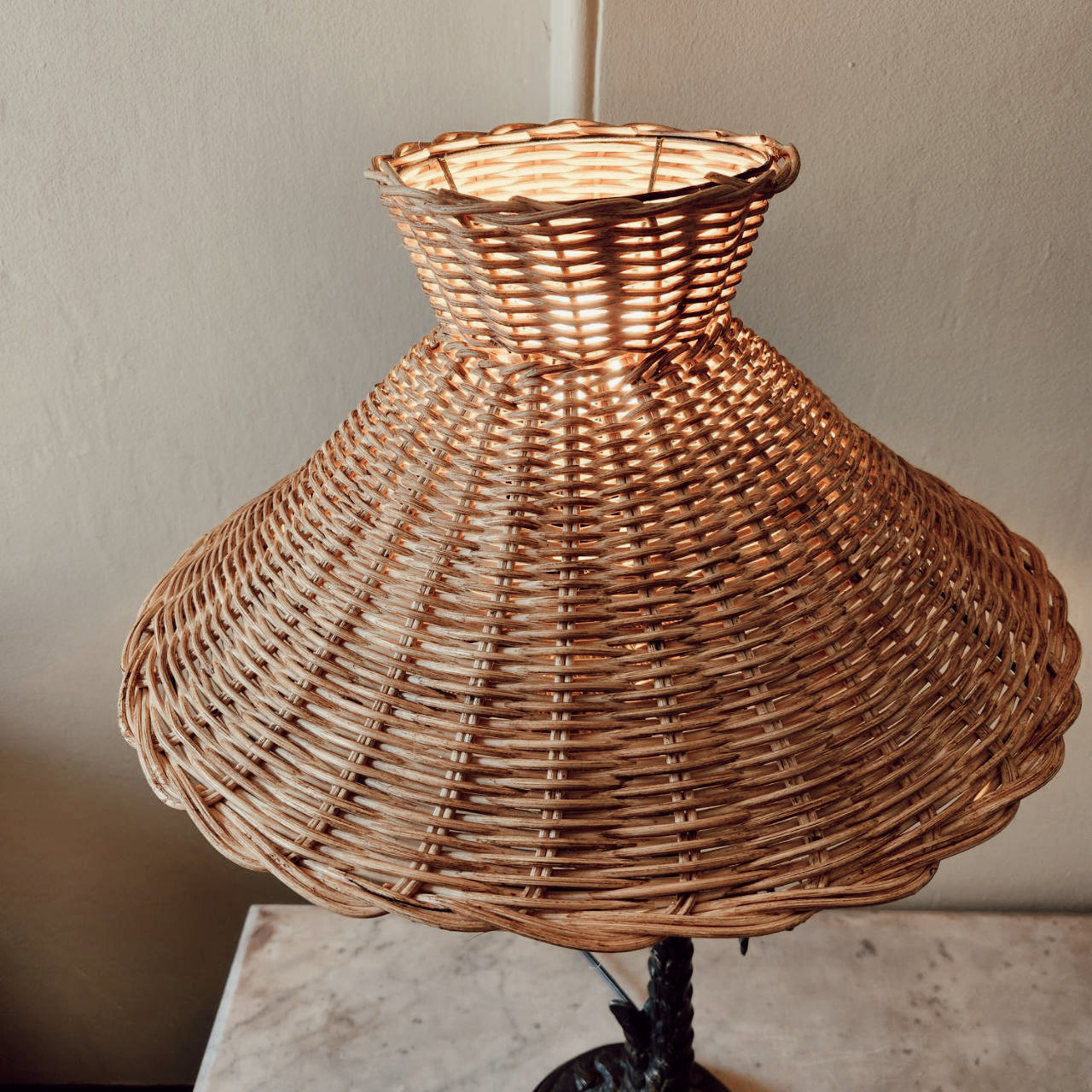 Mid Century Hollywood Regency Bronze Lamp Base with Climbing Monkeys and Handmade Rattan Shade.