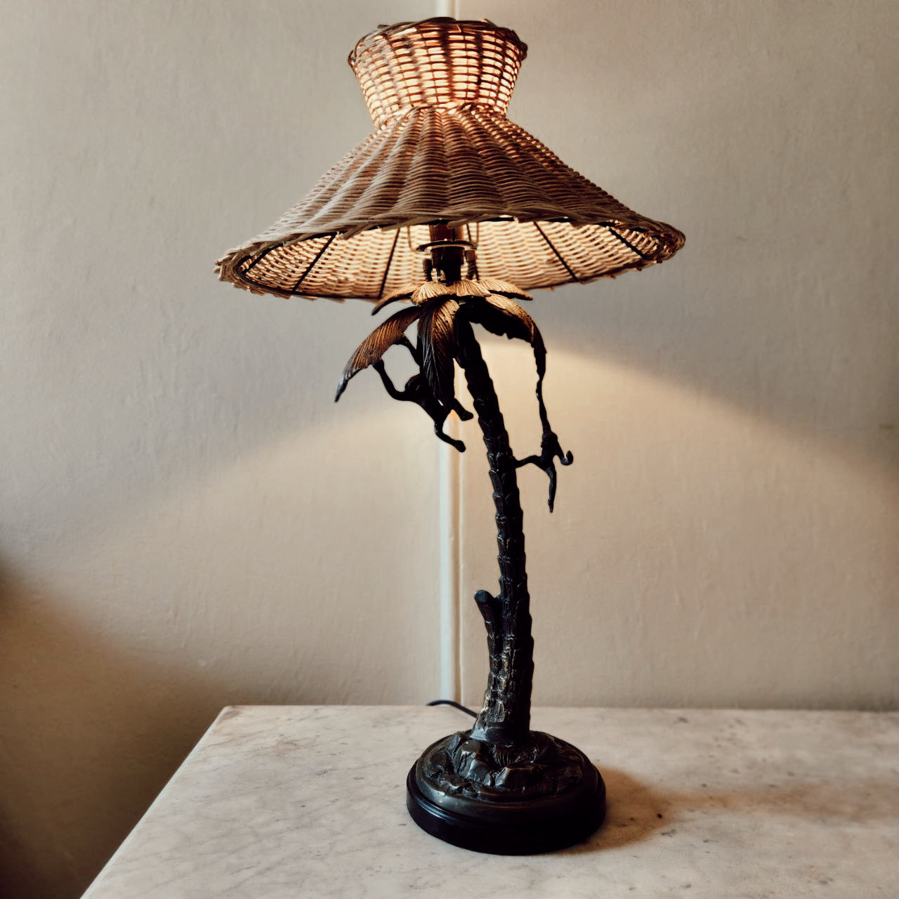 Mid Century Hollywood Regency Bronze Lamp Base with Climbing Monkeys and Handmade Rattan Shade.