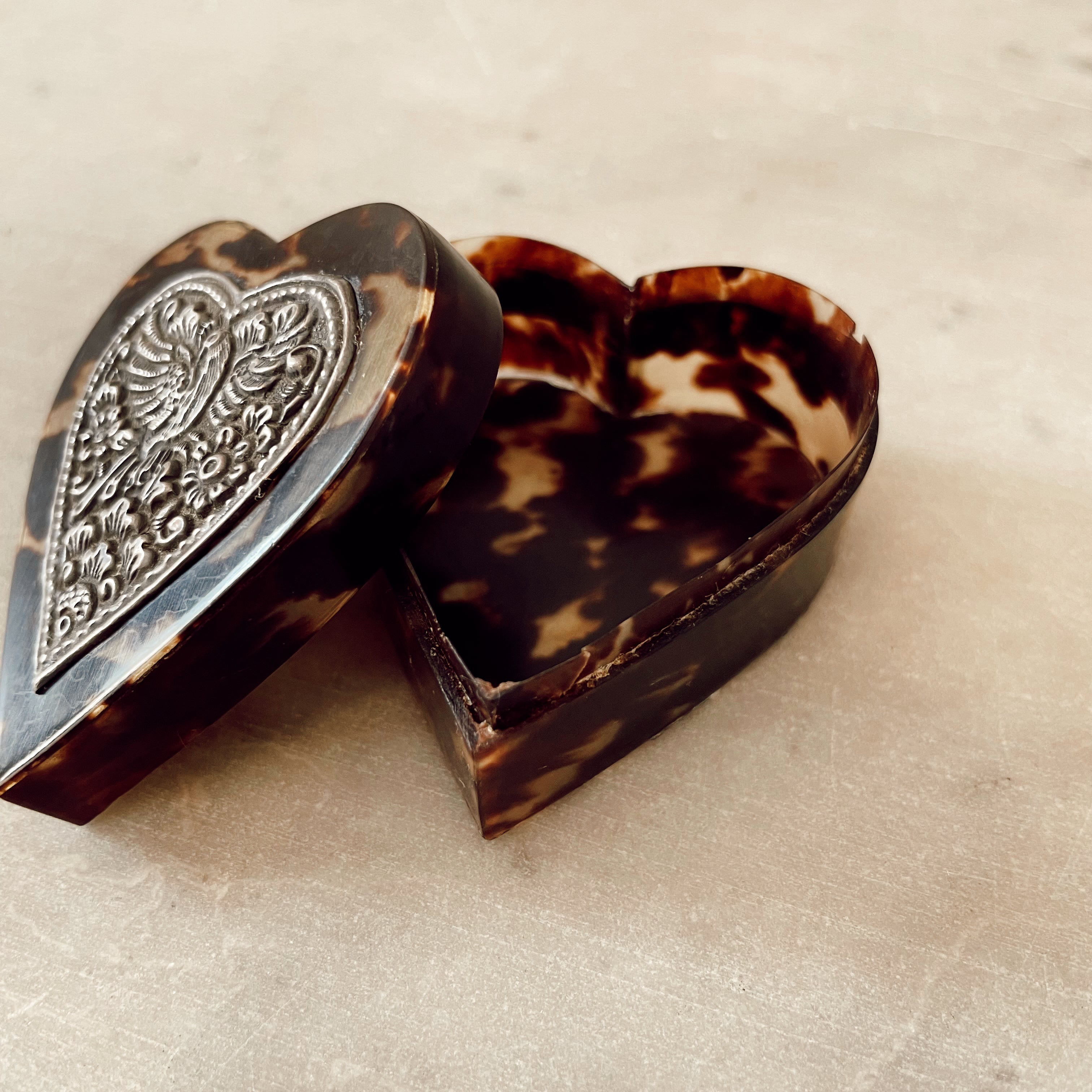 Antique Tortoise Shell & Silver Heart Shaped Box